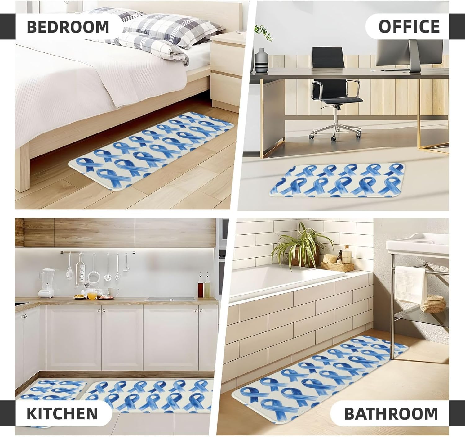 Blue Ribbons Print Kitchen Rugs Sets of 2 Non Slip Washable, Anti Fatigue Kitchen Mats for Floor, Home Decor