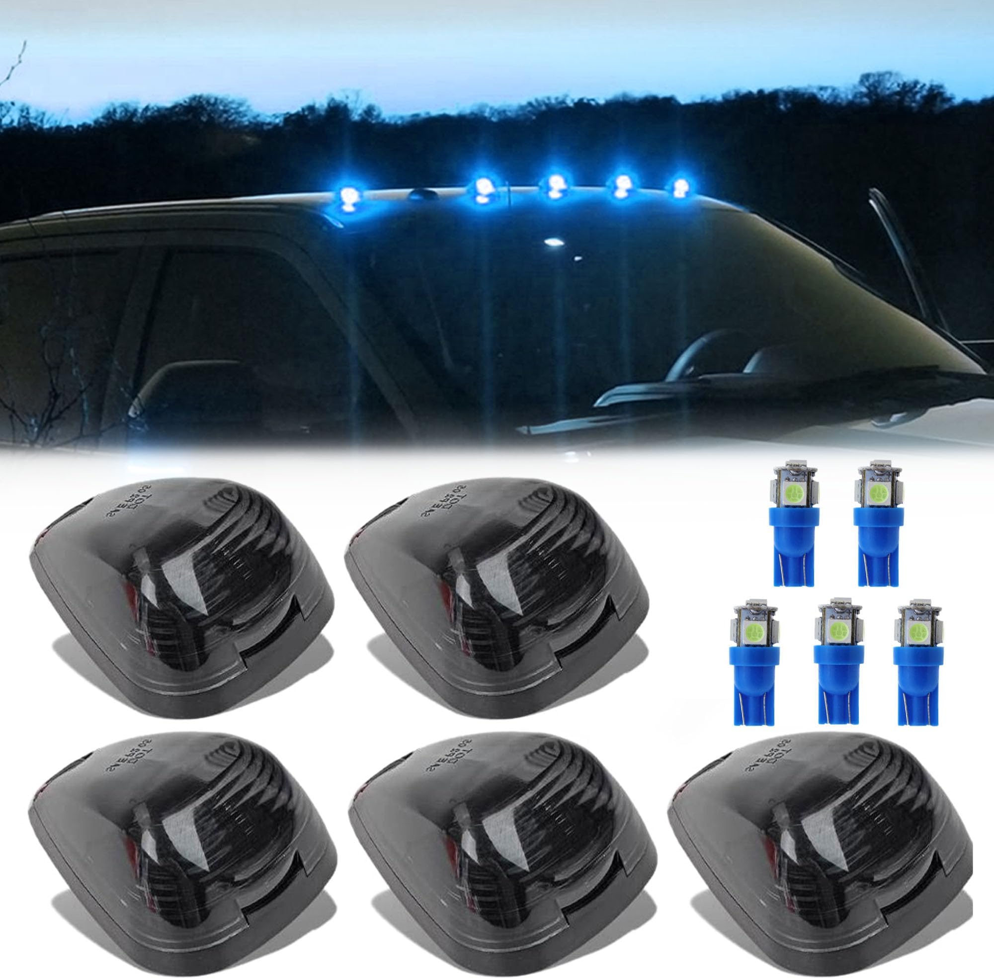 Atmufelp 5X Black Smoke Lens Cab Roof Marker Running Lamps Compatible with Ice Blue LED Lights for Ford F150 F250 F350 F450 F550 F650 F750 E150 E250 E350 E450 1999-2016 - Super Duty Pickup Trucks