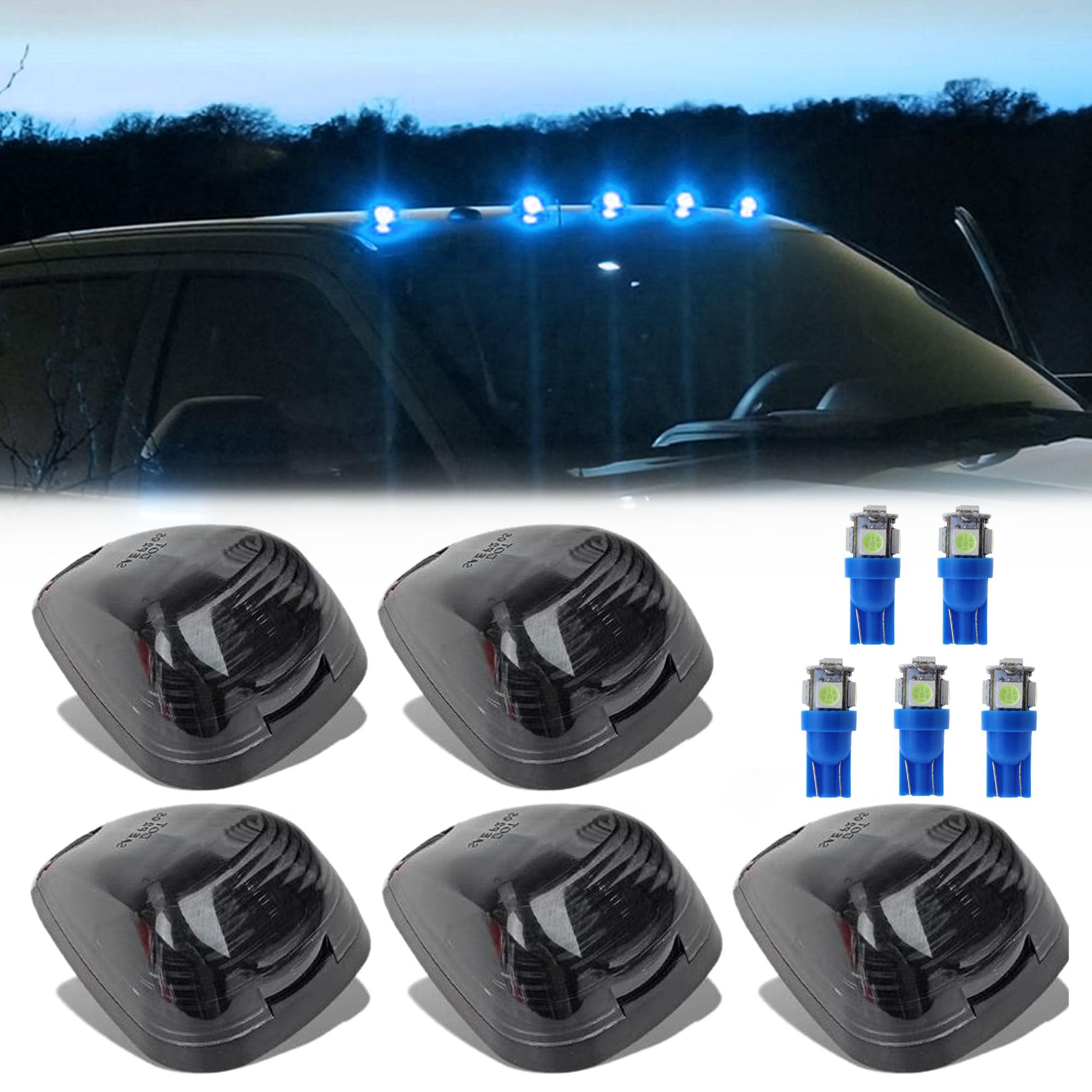 5X Black Smoke Lens Cab Roof Marker Running Lamps Compatible with Ice Blue LED Lights for Ford F150 F250 F350 F450 F550 F650 F750 E150 E250 E350 E450 1999-2016 - Super Duty Pickup Trucks