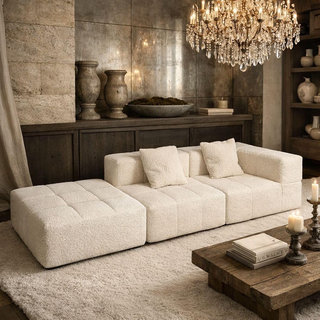 Couch - Waterproof Indoor Outdoor Sofa - Sold Seperately Ottoman Modular Sectional Upholstered - White Beige Cream Taupe Brown Gray Black Boucle Linen (Waterproof Beige, Right Arm)