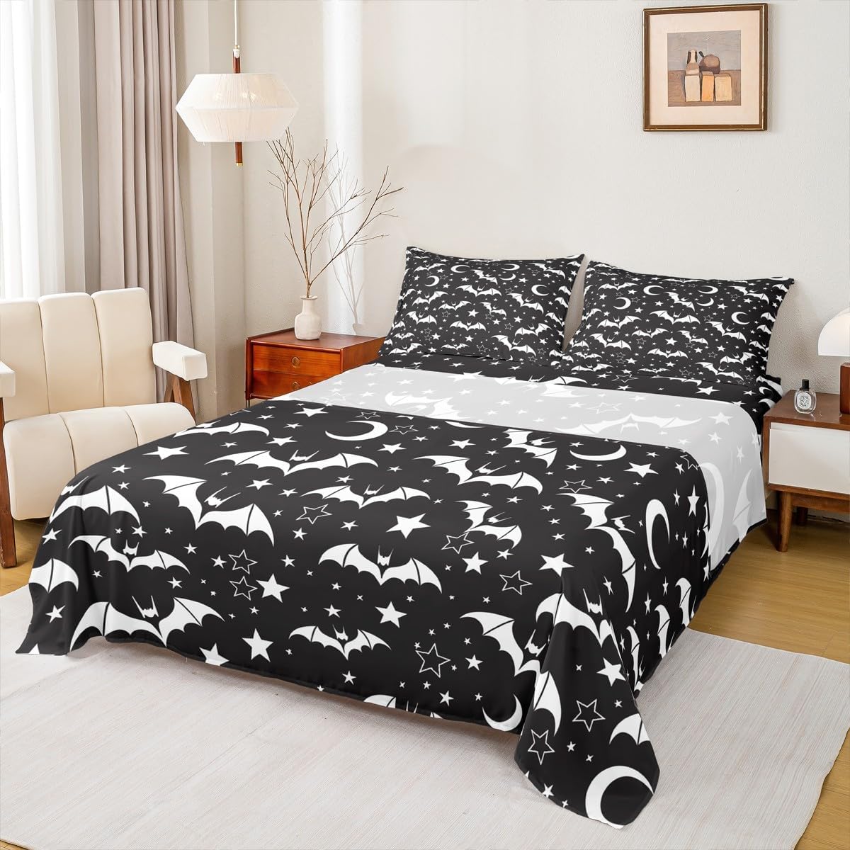 jejeloiu Halloween Decor Bed Sheets Set Full Size Bat Deep Pocket Fitted Sheet Moon Bedding Sets Spooky Halloween Decorations Soft Bed Set 4Pcs with 2 Pillow Cases