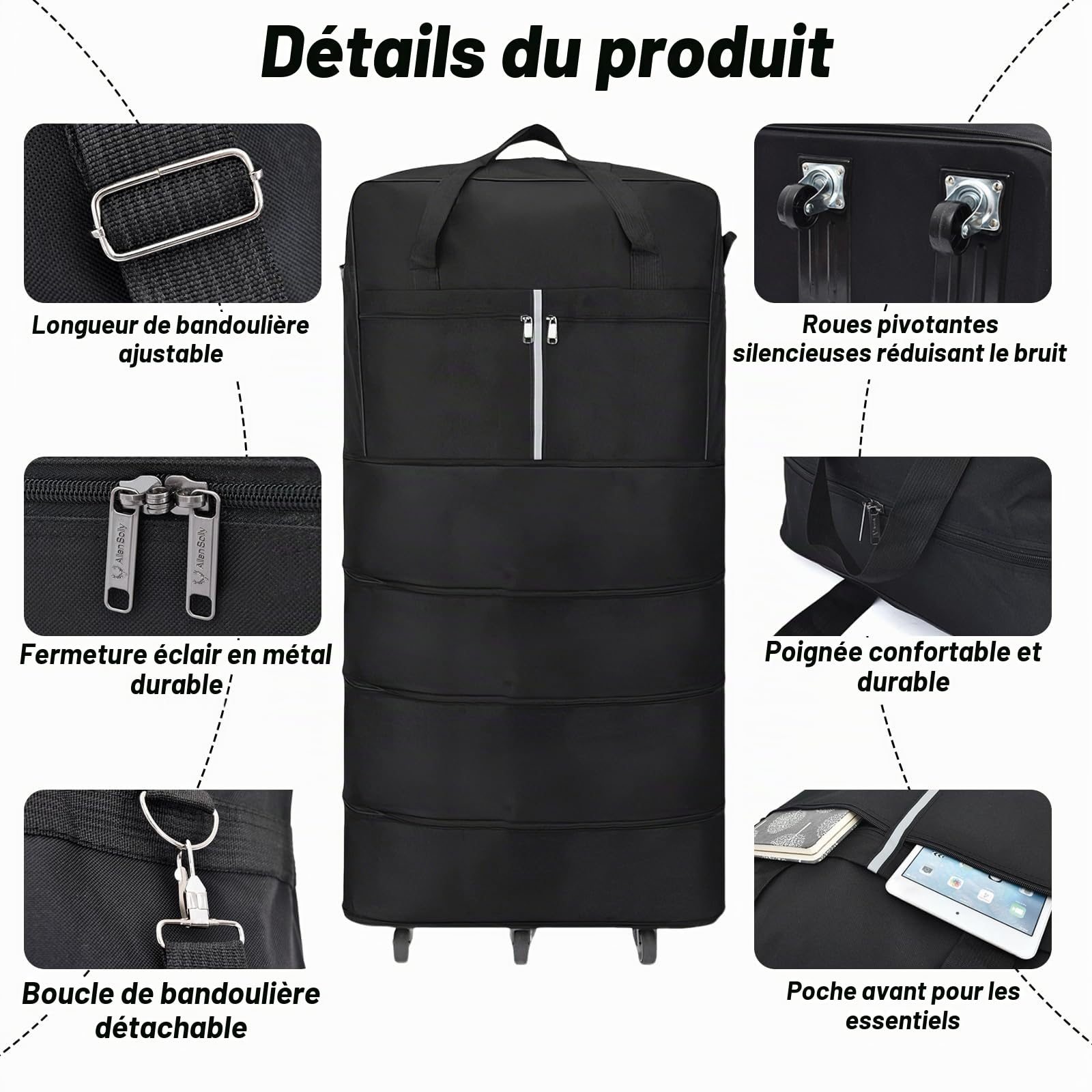 Sac de Voyage Pliable à roulettes, 110cm Extensible Sac Voyage Grande Taille avec roulettes et Bandoulière, Rangement pour Homme Femme 110 x 52 x 30 cm
