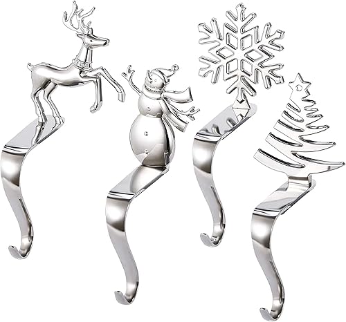 Miniatura 8 de Fonder Mols Juego de 4 soportes de calcetines de Navidad para chimenea, ganchos de metal para chimenea, ganchos de agarre de metal, cromo plateado,