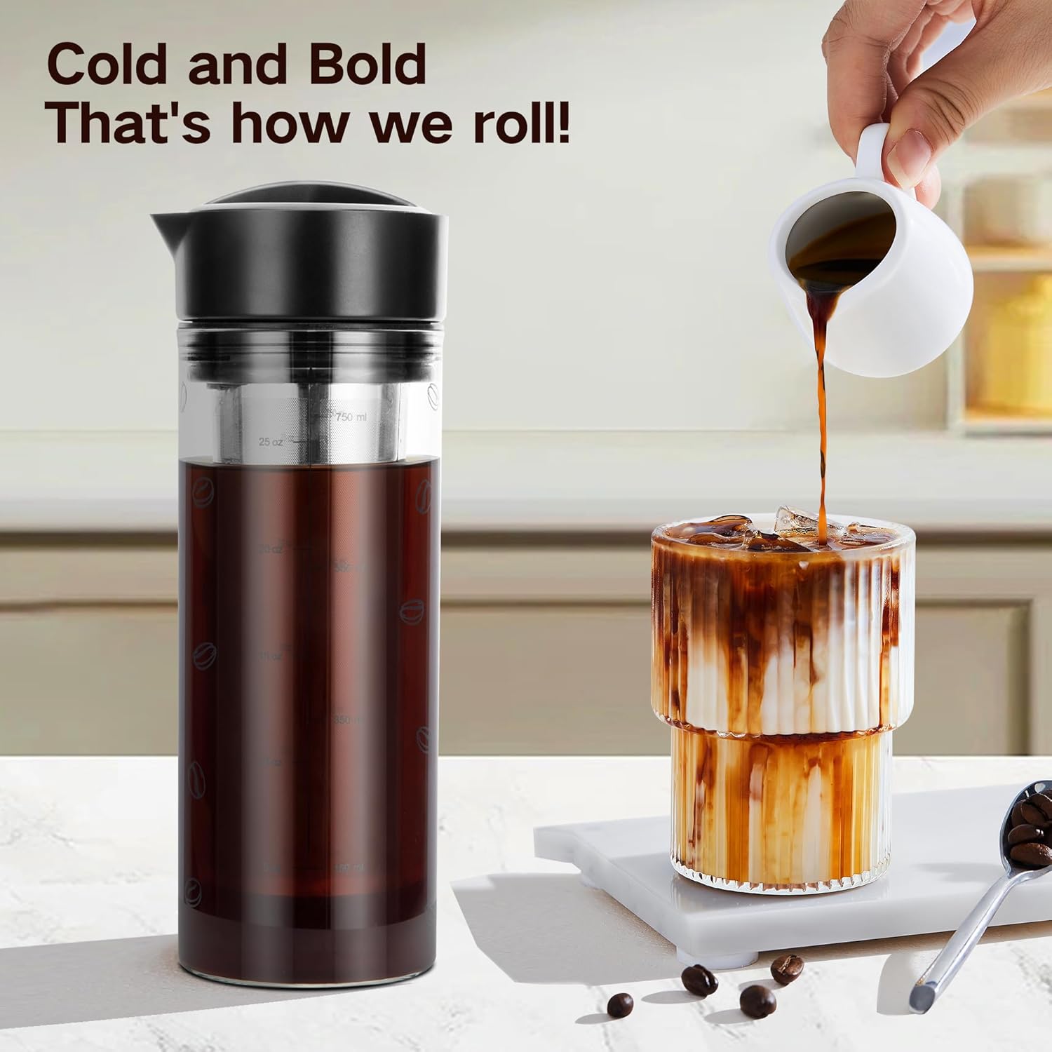 25oz Cold Brew Coffee Maker 4 Cup Capacity Tea Maker, Iced Coffee Pot, Cold Heat Resistant Borosilicate Glass Carafe, Stainless Steel Mesh Filter Basket and Black Freshness Lid - Image 3