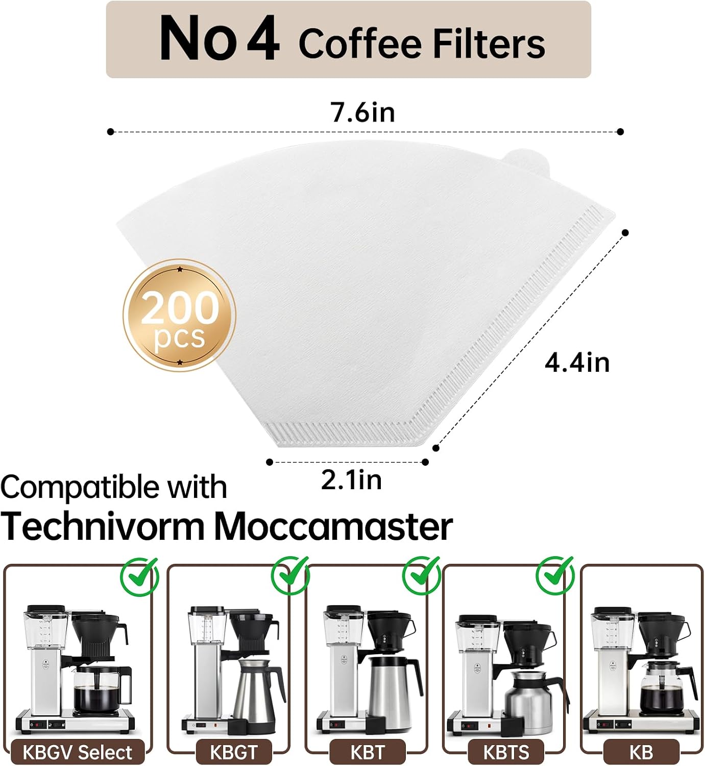 200 PCS No.4 Coffee Filters Compatible with Technivorm Moccamaster, White #4 Cone Coffee Filters, Disposable Bleached Paper Filter, Durable with No Grounds Passing Through, Ideal for Home Brewing
