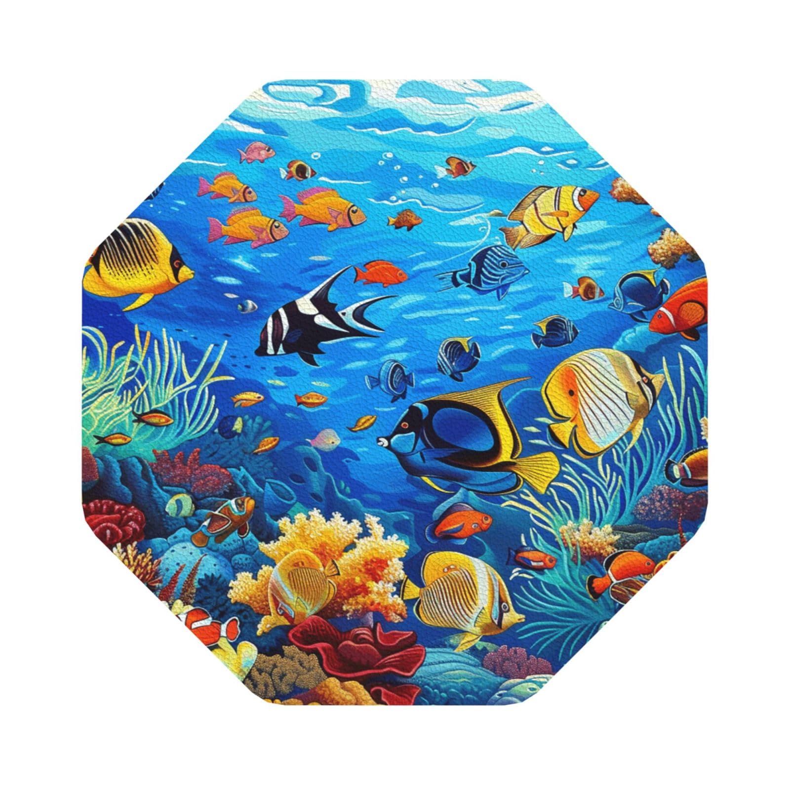 Tropical Fish Coral Undersea World Print Leather Coaster Set of 6, Octagon Coasters Table Decorative Coffee Cup Beverage Coasters Wine Beer Bar Coasters for Hot Drinks Table Protection