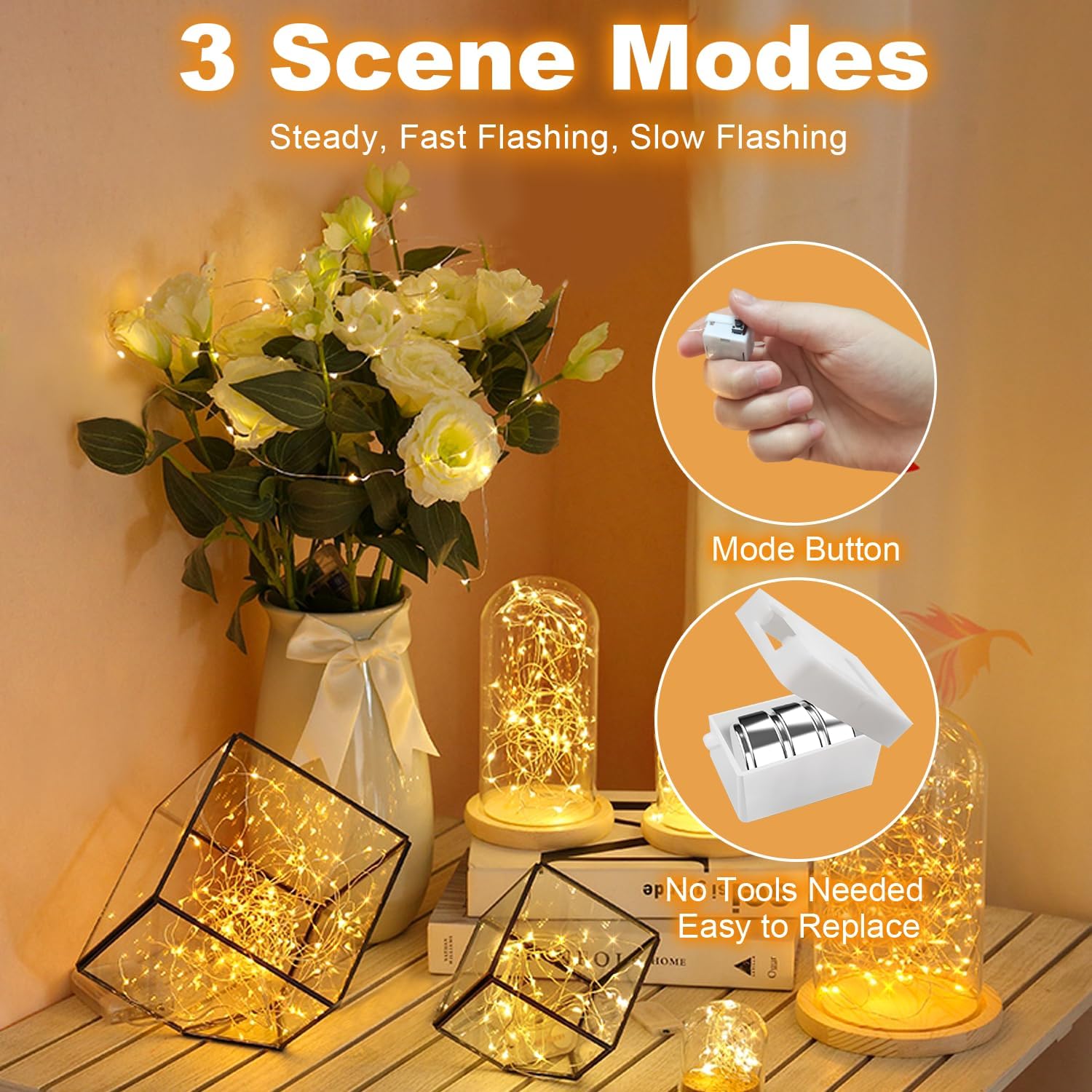 20 Pack Fairy Lights Battery Operated - 3 Speed Modes, 7Ft 20 LED String Twinkle Lights, Waterproof Copper Wire, Mini Firefly Light for Mason Jars Vases Christmas Decor, Warm White