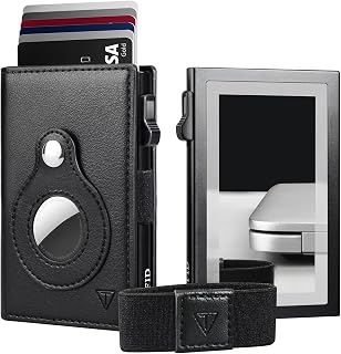 Credit Card Holder for Men with Airtag Holder, Trifold Leather Pop Up Wallet with ID Window for Men - RFID Magnetic Closure & Money Band (Not Include Airtag),black