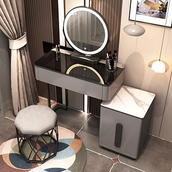 Vanity Desk with Mirror and Lights, Modern Makeup Vanity Table Set with Storage Drawers and Cushioned Stool & Side Cabinet for Bedroom, Dressing Table with GlasGrau 80cm/32in