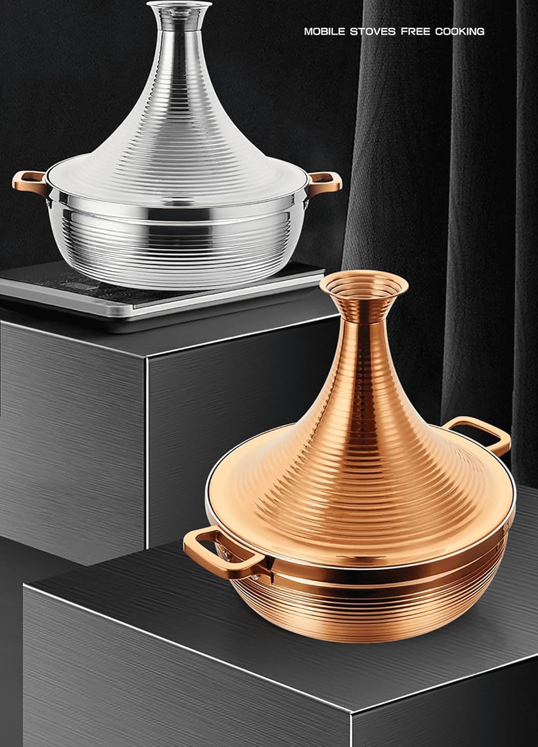 304 Stainless Steel Moroccan Tagine Pot,Non Stick Tagine Stainless Steel Tower Stew Dry Pot Non-stick Slow Cooker Seafood High Lid Pan Electromagnetic Cooker Moroccan Tajine Casserole,Gold,20