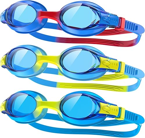 Miniatura 7 de findway Gafas de natación para niños, antivaho y sin fugas, para niñas de 3 a 14 años 1-azul Rojo+azul Amarillo,Paquete de 3 -