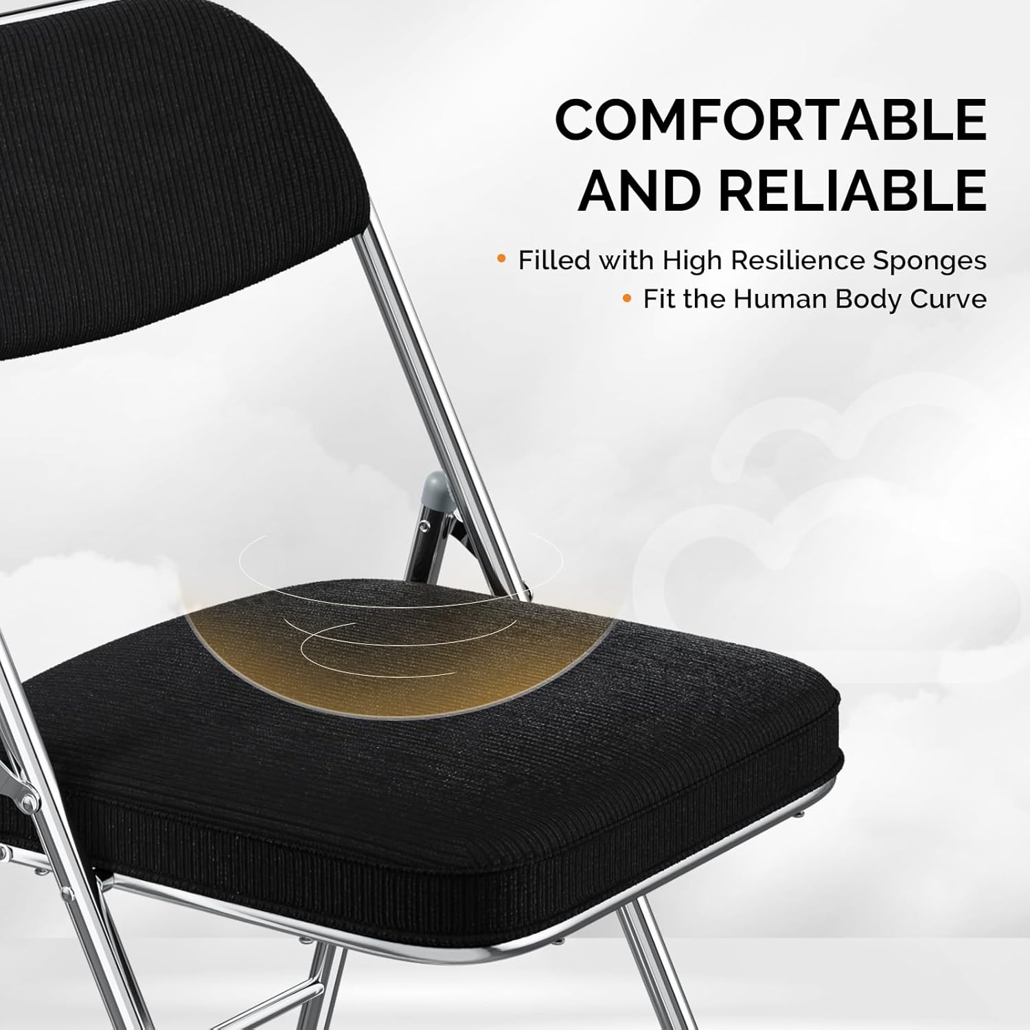 VINGLI 4 Pack Folding Chairs with Padded Seat & Backrest, Metal Frame, Durable Corduroy Fabric, 350 lbs Capacity, Set of 4, Black – Ideal for Weddings, Parties, Office Events