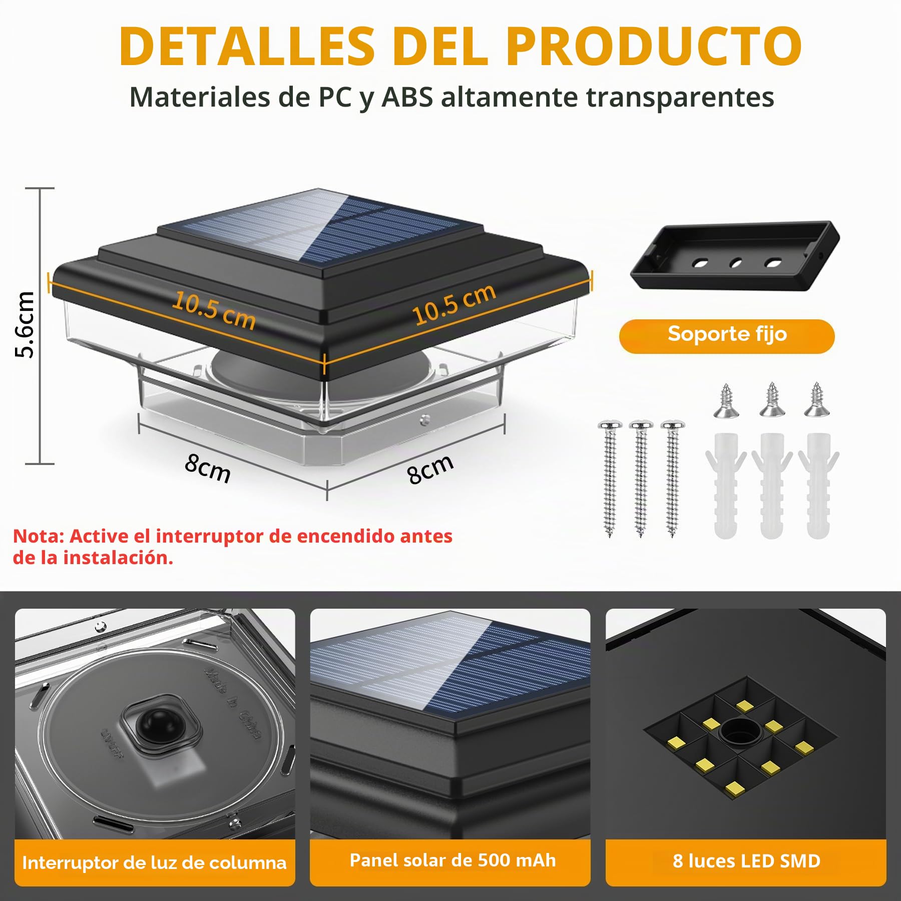 Lámparas de Columna Solar para Postes 7x7 8x8 9x9 10x10cm, 4 Piezas | Tapa de Poste con 8 LEDs Blanco Cálido, Impermeables para Vallas Exteriores