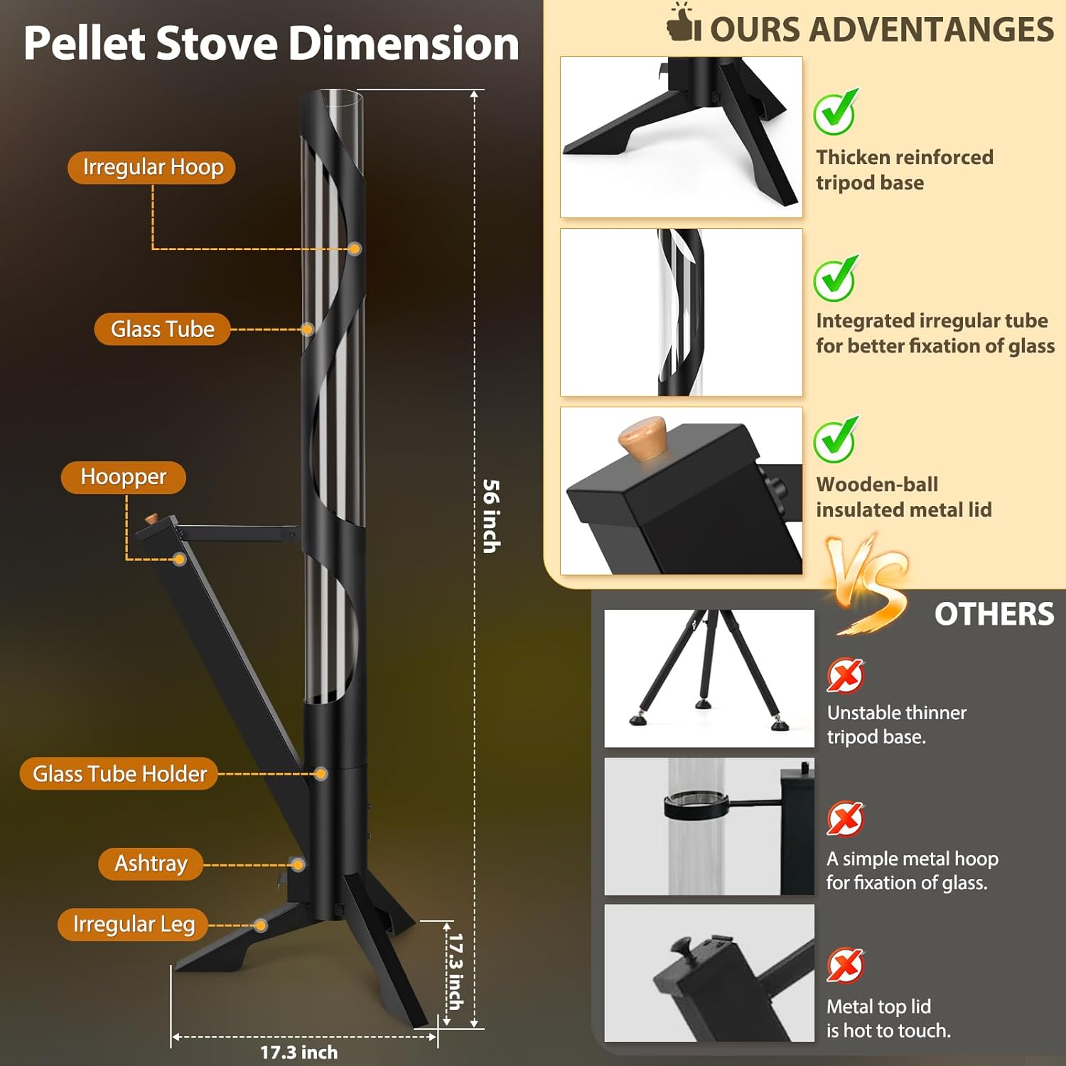 56" Pellet Stove with Removable Ash Tray, Portable Rocket Stove with Glass Tube, Outdoor Fire Pit Fireplace for Outside Backyard Patio Camping Beach Garden Bonfire Party Ambiance