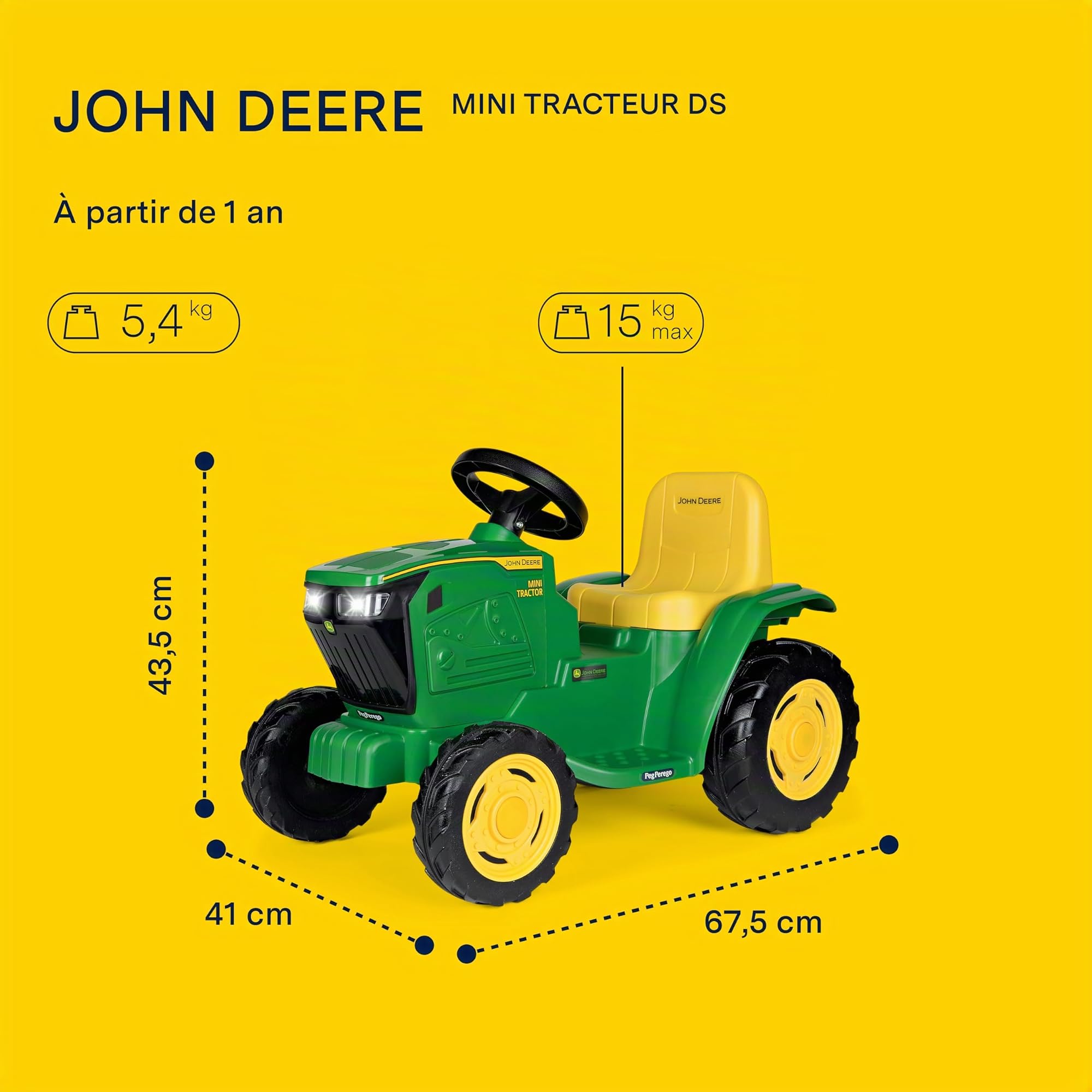 PEG John Deere Mini Tractor Tracteur Électrique 6V pour Enfants dès 1 an avec Batterie Rechargeable, Lumières LED, Klaxon, Sons et Mélodies