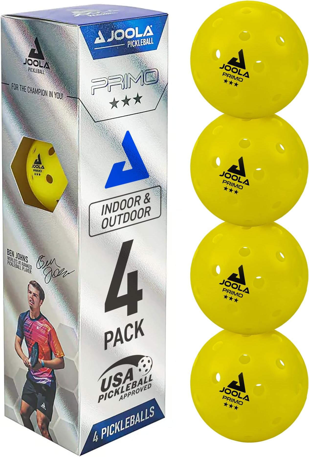 Joola Plastic Primo Pickleball Balls - 4 Pack of 3 Star Tournament Indoor and Outdoor Balls - USAPA Approved - Ideally Weighted and Precision Crafted 40 Hole Design Official Size, Yellow
