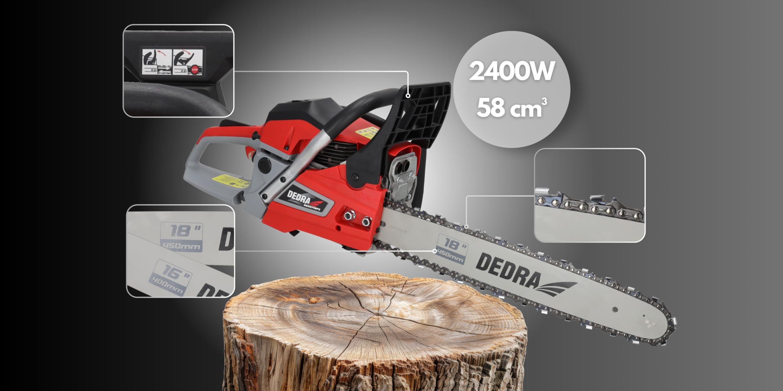 Benzynowa piła łańcuchowa 2,4 kW 58 cm³, DEDRA DED8718P2, dwie prowadnice: 18" (45 cm) i 16" (40 cm), dwusuwowy cylinder, chłodzony powietrzem, prędkość łańcucha 25 m/s