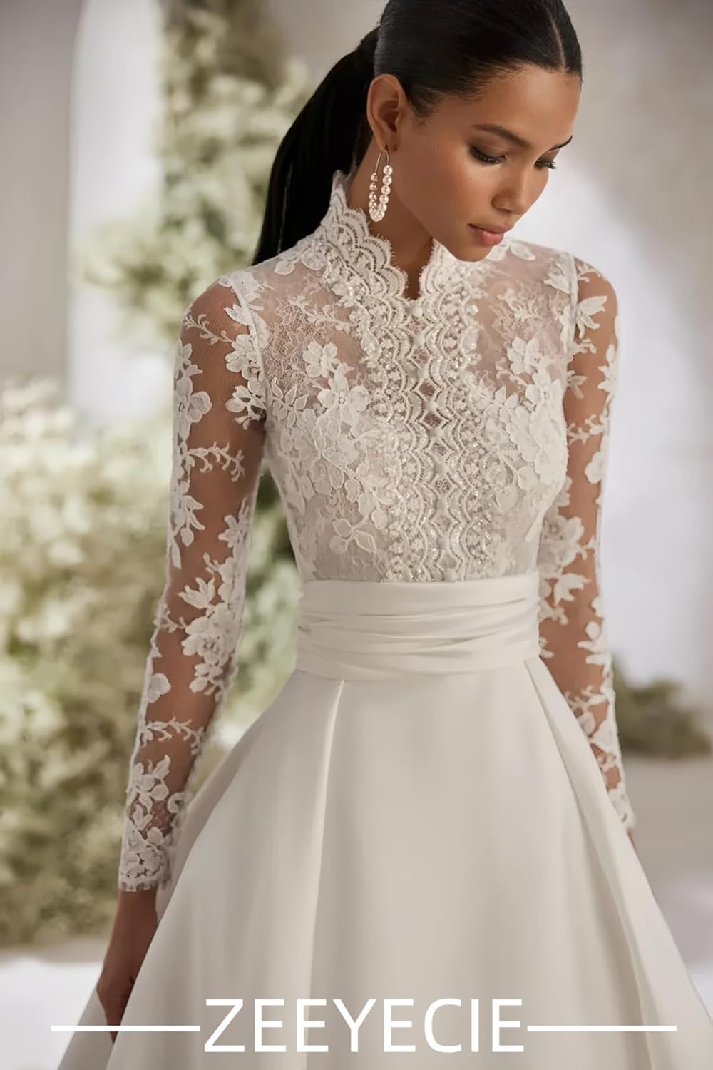 Zeeyecie Long Sleeve Satin Wedding Dresses A-Line Lace Applique Sparkly Bridal Gowns for Brides - Image 4