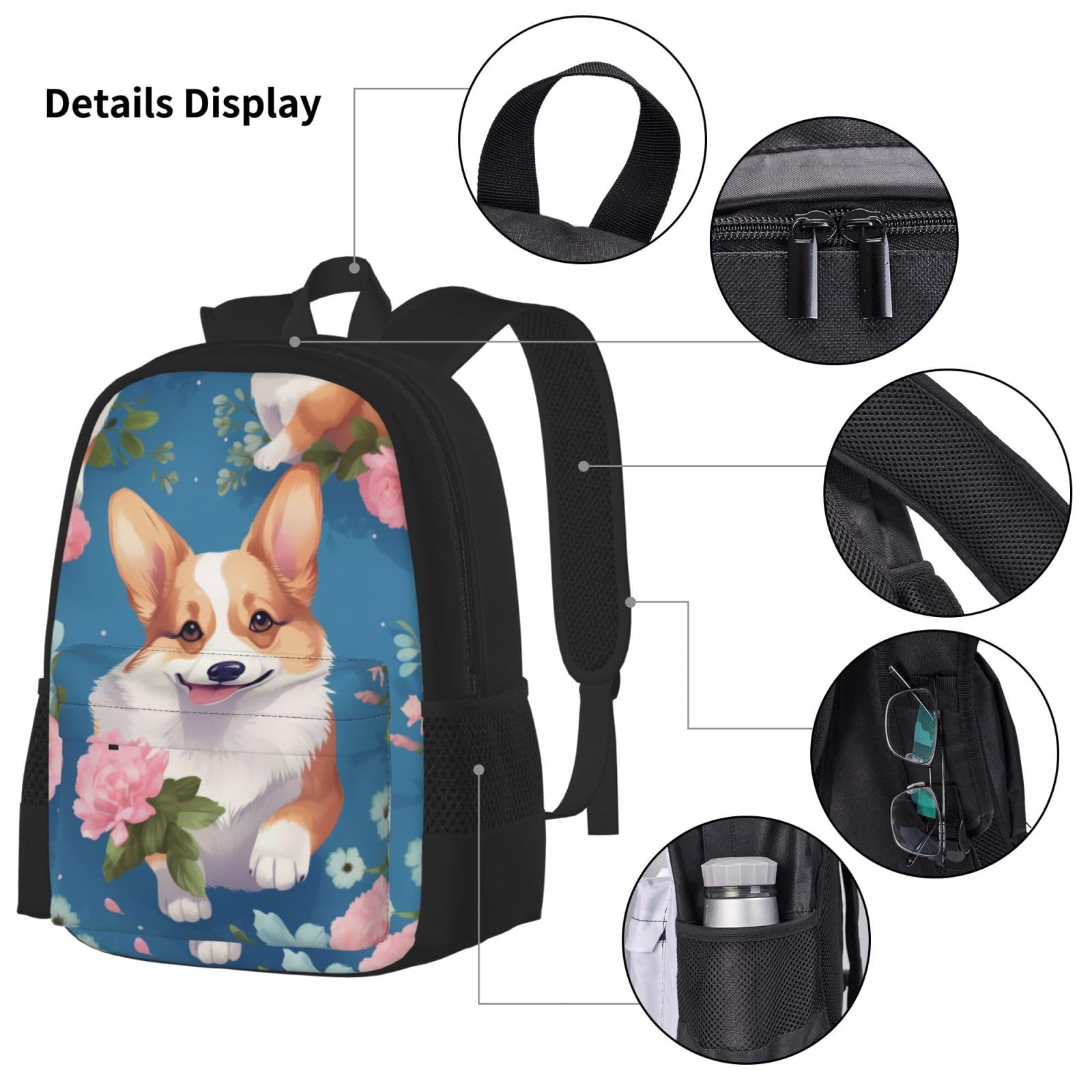Corgi - Set di 3 zaini per computer portatile, motivo floreale, con borsa termica per il pranzo e organizer per lavoro