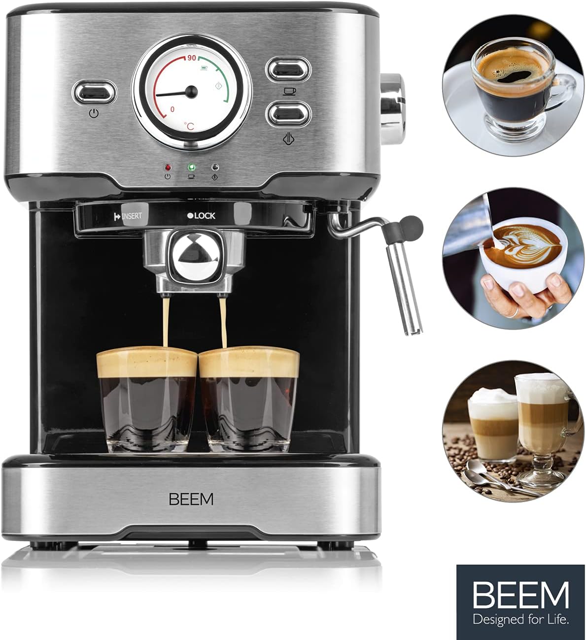BEEM ESPRESSO-SELECT machine brewing two espressos simultaneously