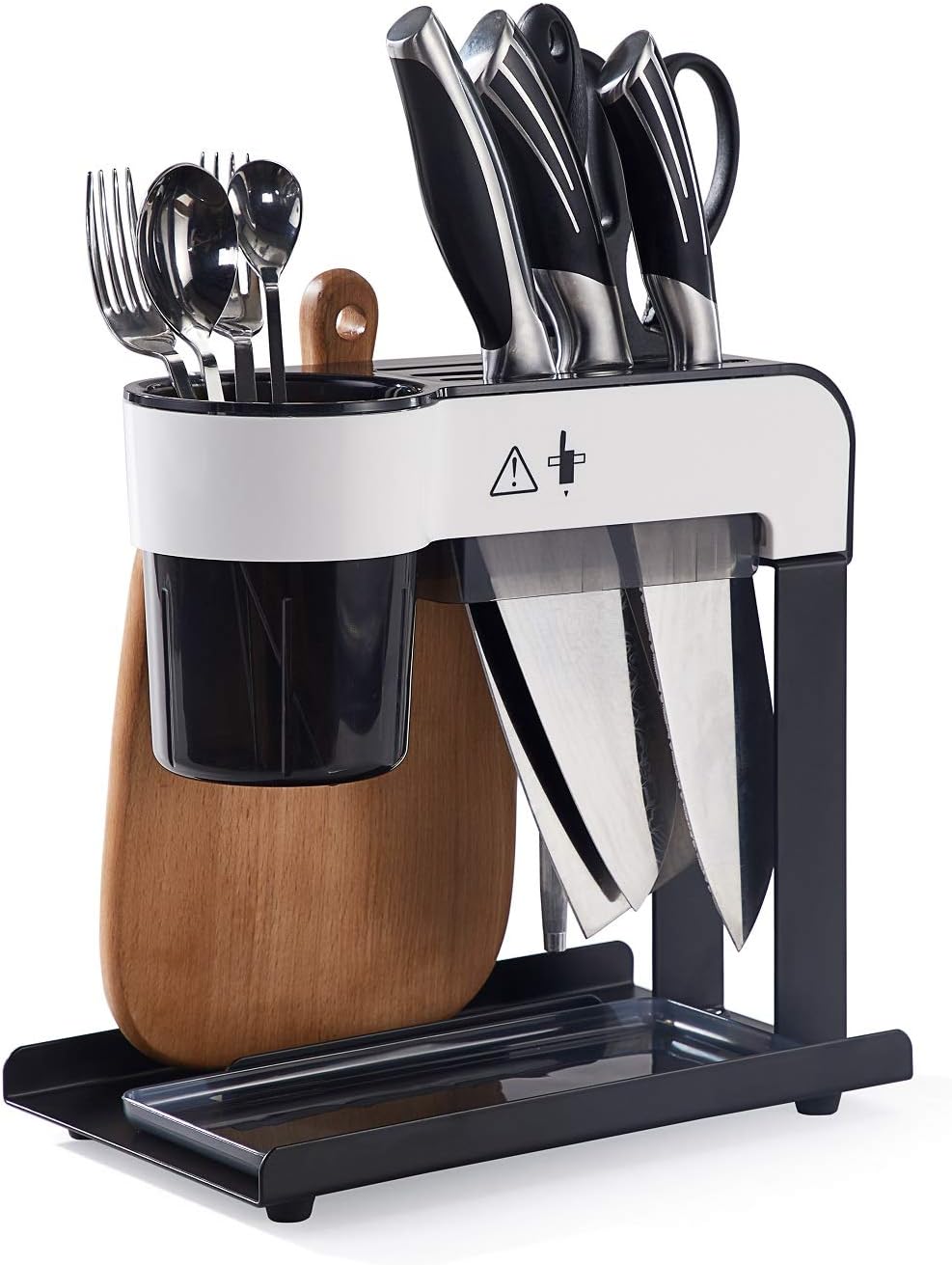 istBoom Knife Block Holder with Slots for Honing Rod and Kitchen Scissors, Black Knife Stand with Utensil and Cutting Board Holder Drainboard, Stainless Steel