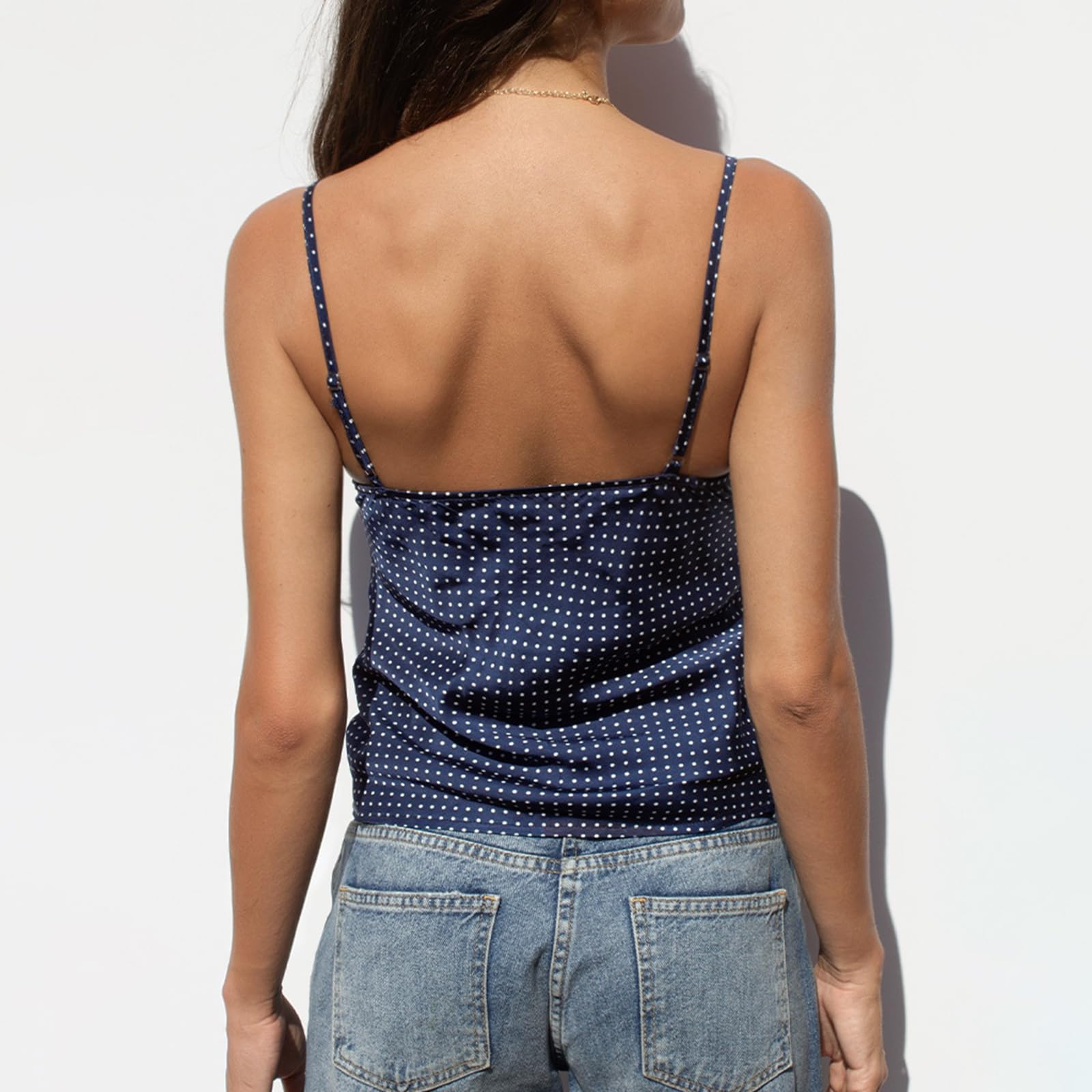Sexy outfit Damska Y2K w kropki z koronkowym wykończeniem Top na ramiączkach V dekolt Spaghetti pasek Dopasowana krótka koszulka Lato Casual Wyjściowe top