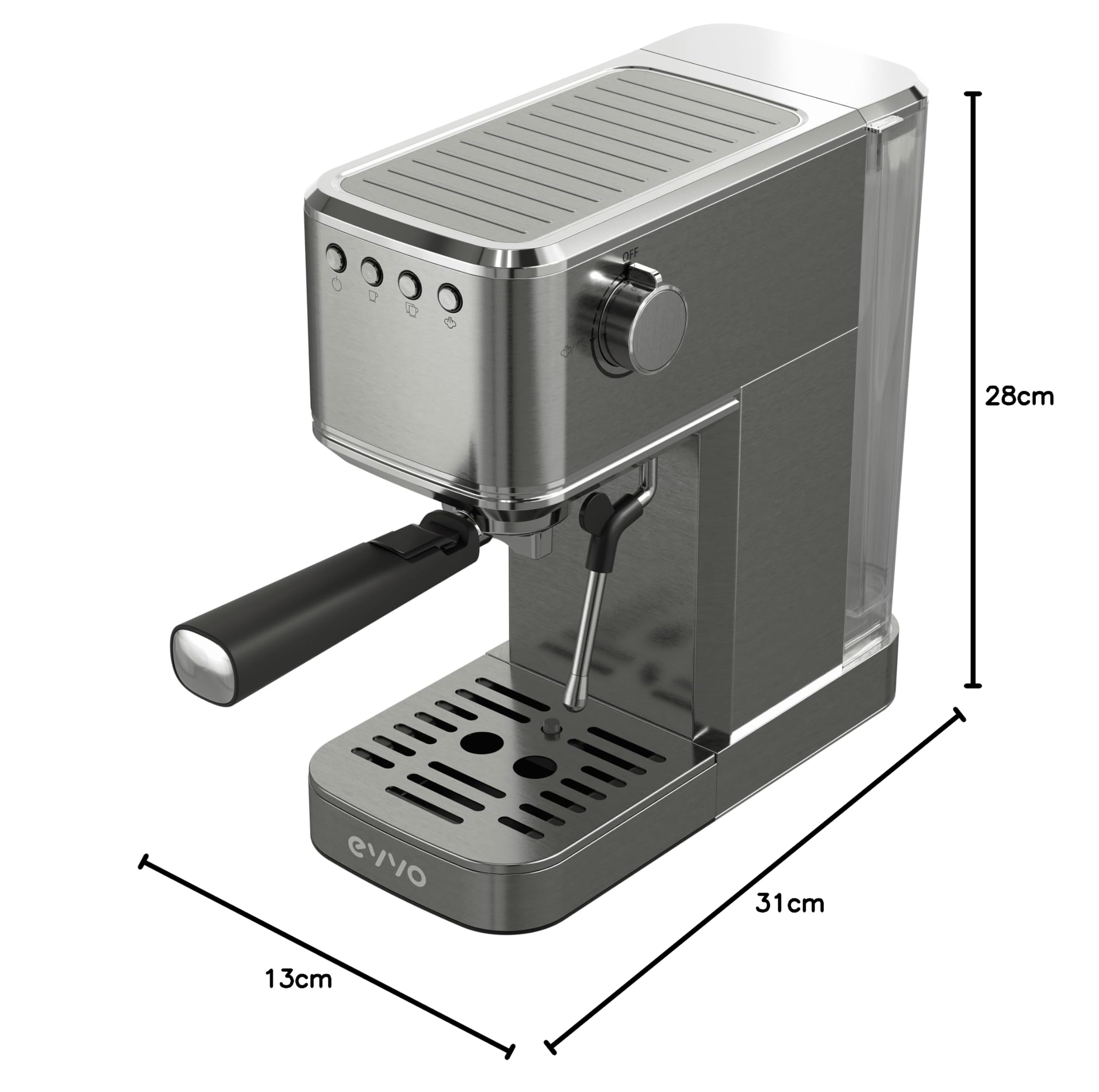 EVVO Caffettiera Express Intensa, Pressione 20 bar, Corpo in Acciaio, Espressi e Capuccini, 1350 W, Doppia uscita, Portafiltri, Serbatoio da 1,2 l, Riscaldamento Rapido (Steel, Senza Manometro)