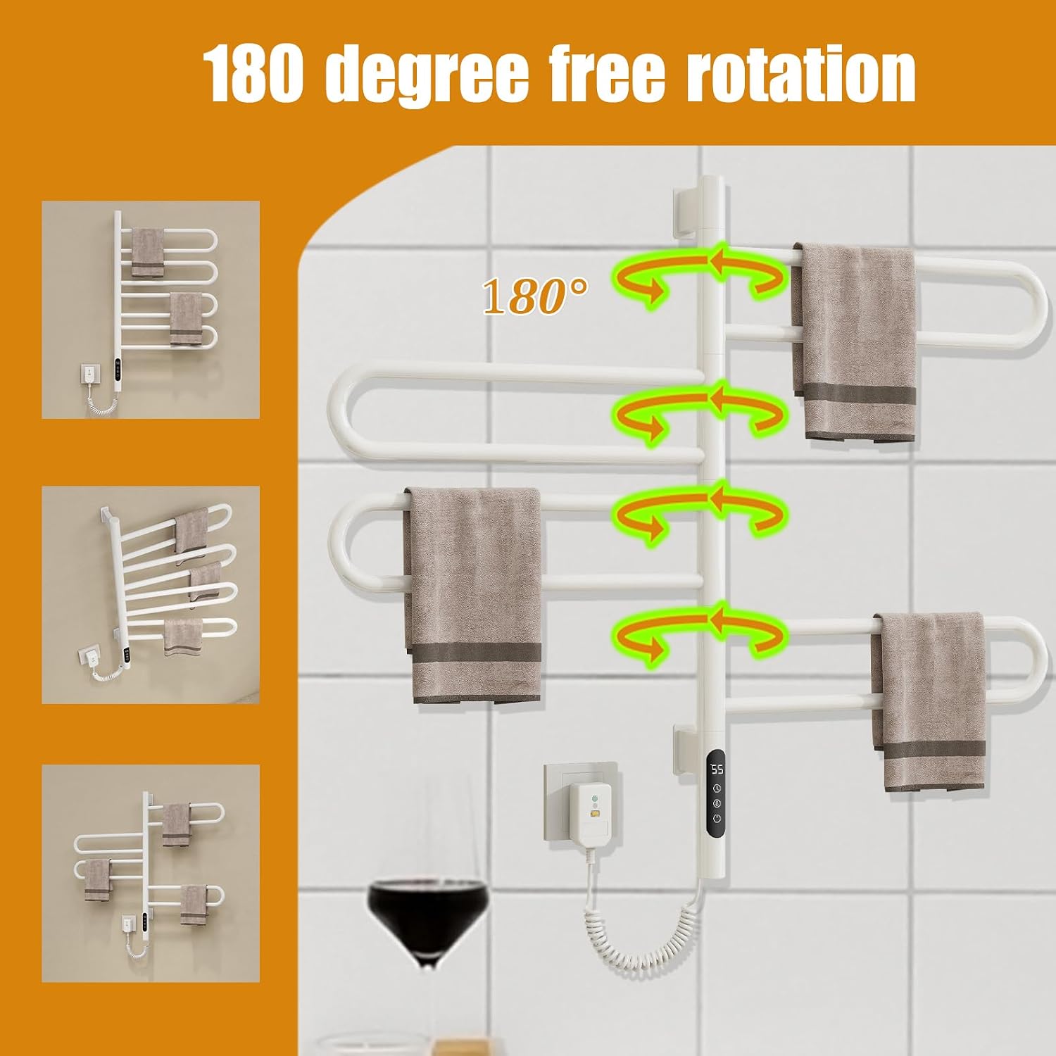 Heated Towel Racks for Bathroom Electric Towel Warmer Heated Towel Rack Wall Mounted, 180 Degree Rotation, IPX5 Waterproof, 110V, 0.22HP,White