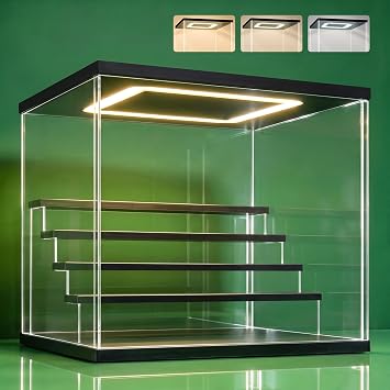 NONEMEY Acrylic Display Case with Light, Upgraded 3 Color Light & Adjustable Brightness Showcase,5 Tier Dustproof Clear Toy Organizer Box for Action Figures, Collectibles, 12.4x12.2x12 In