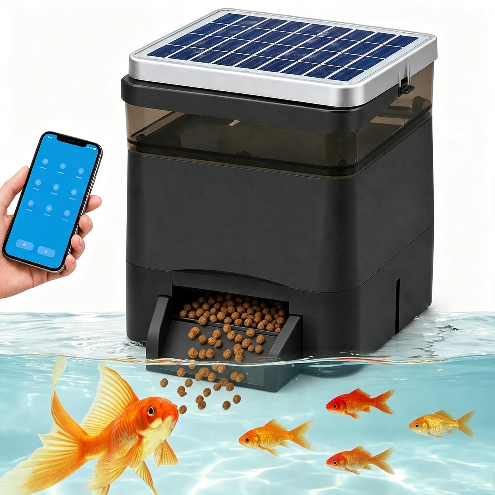 Mangiatoia Automatica For Pesci (4L+controllo App) | Alimentazione Ad Energia Solare: Alimentazione Temporizzata, 5 Impostazioni Di Porzione, For Pellet Da 1–12 Mm(Black)