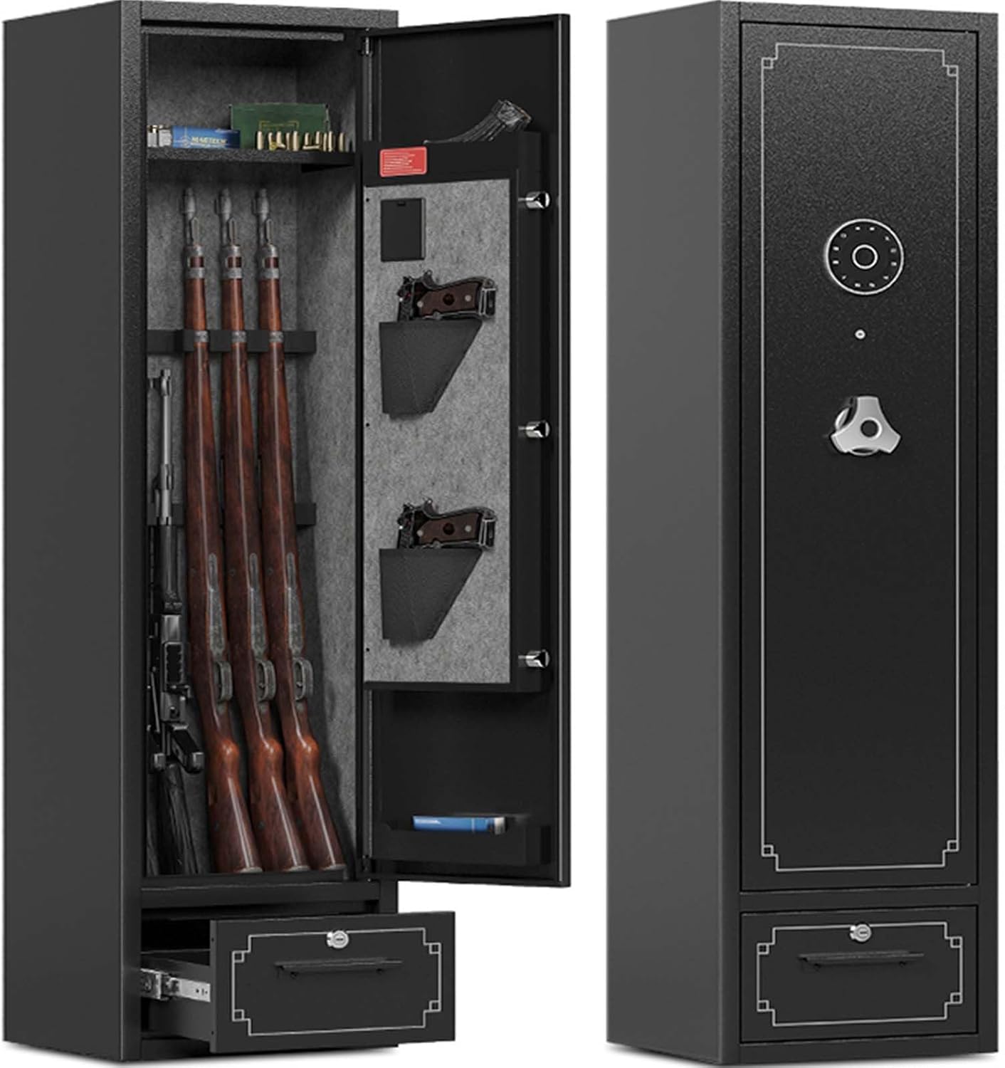 Gun Cabinet 5-6 Gun Safe for Rifles and Pistols with Removable Shelf & Drawer Fully Assembled Rifle Safe with Pistol Bags and Stock Rifle Safe for Home Security, Fits Shotguns & Rifles