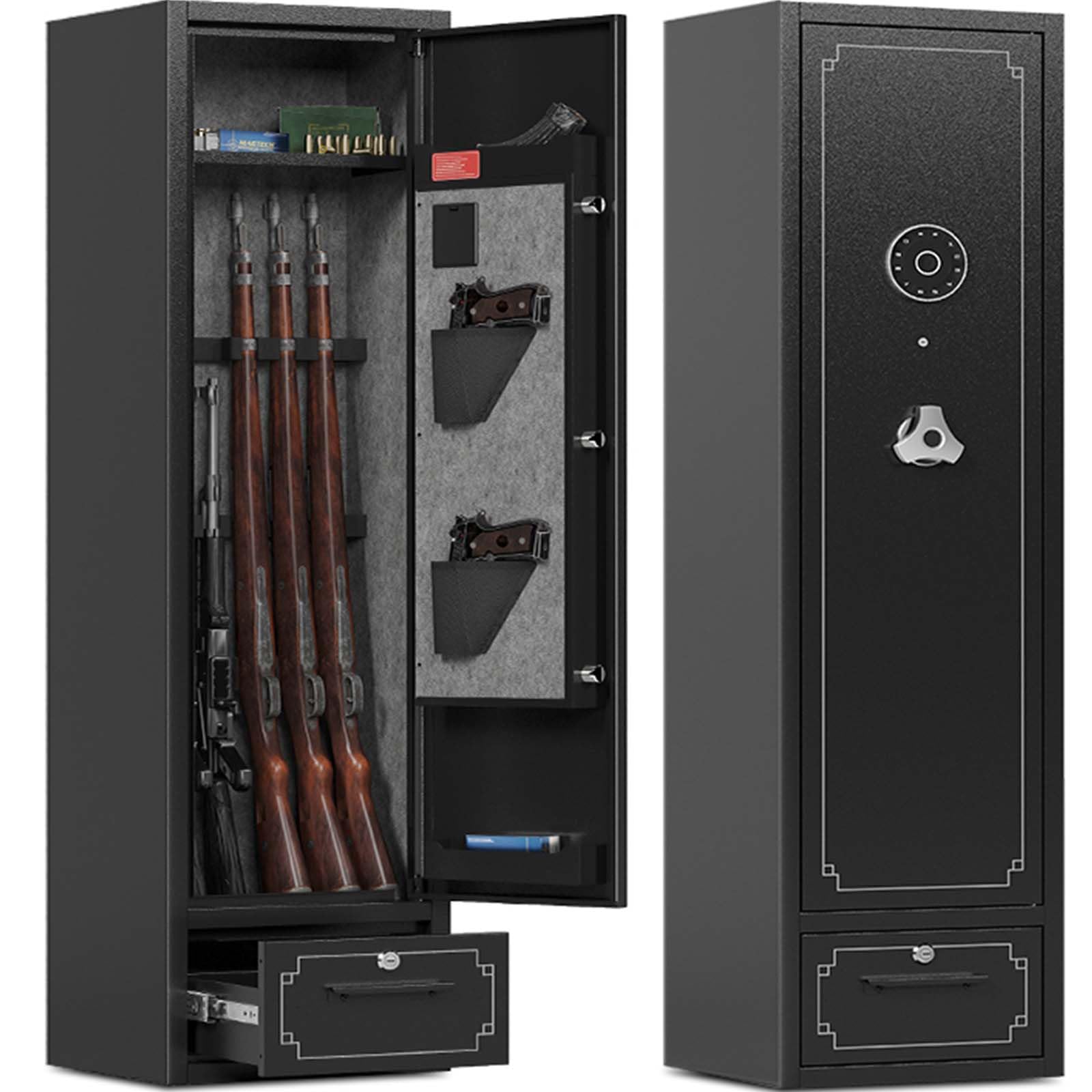 Xyvaly Gun Cabinet 5-6 Gun Safe for Rifles and Pistols with Removable Shelf & Drawer Fully Assembled Rifle Safe with Pistol Bags and Stock Rifle Safe for Home Security, Fits Shotguns & Rifles