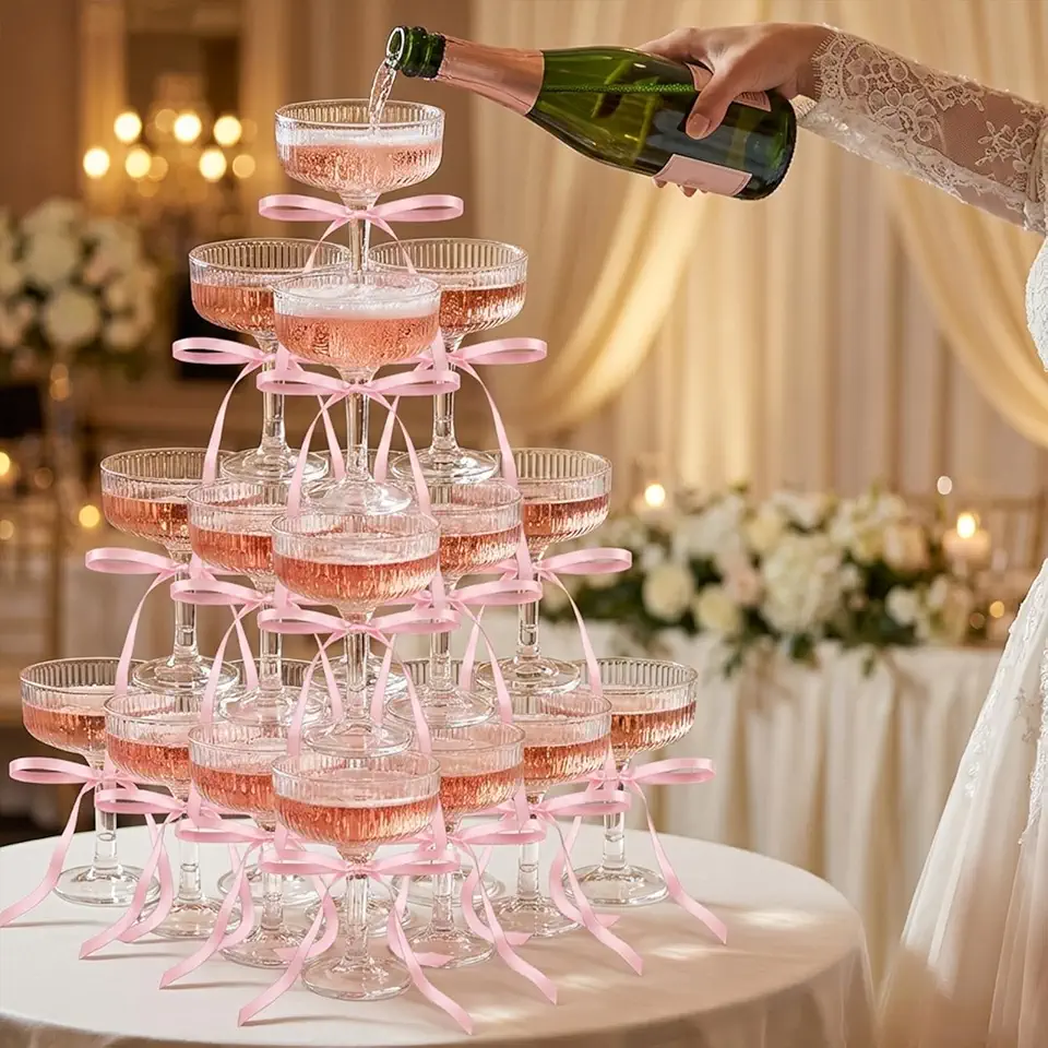 JarThenaAMCS 30 peças de taças de torre de champanhe com laços de fita rosa 200 ml acrílico champanhe cupê empilhável transparente para decoração de bar de festa de casamento de aniversário