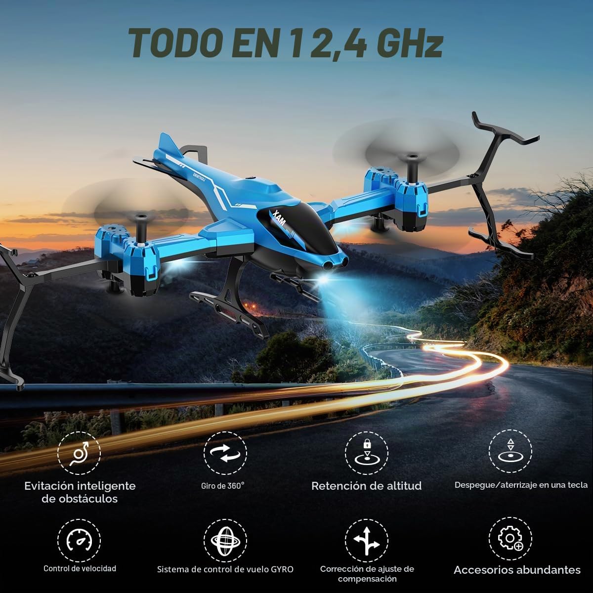 VATOS Helicóptero teledirigido 2.4G, Todo en 1 Super Función 360° Flip, Evitar Obstáculos, Despegue/Aterrizaje con Una Tecla, Avión Helicóptero RC con Luz LED Regalos de Juguete para Niños Adultos