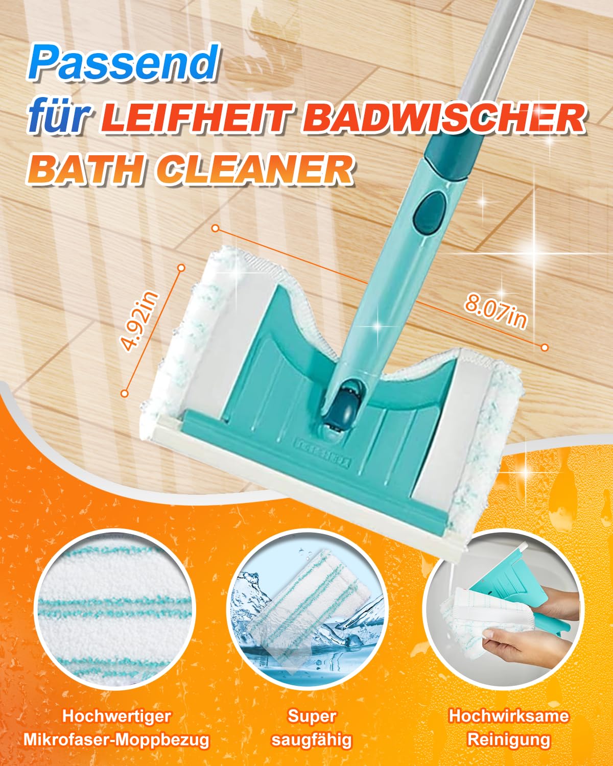 zestaw 2 zamiennych poszewek do myjki łazienkowej Bath Cleaner Micro Duo Telescope, mop do armatury, poszewka na mop z mikrofibry ze specjalnym włosiem, pokrowiec zastępczy do mopa