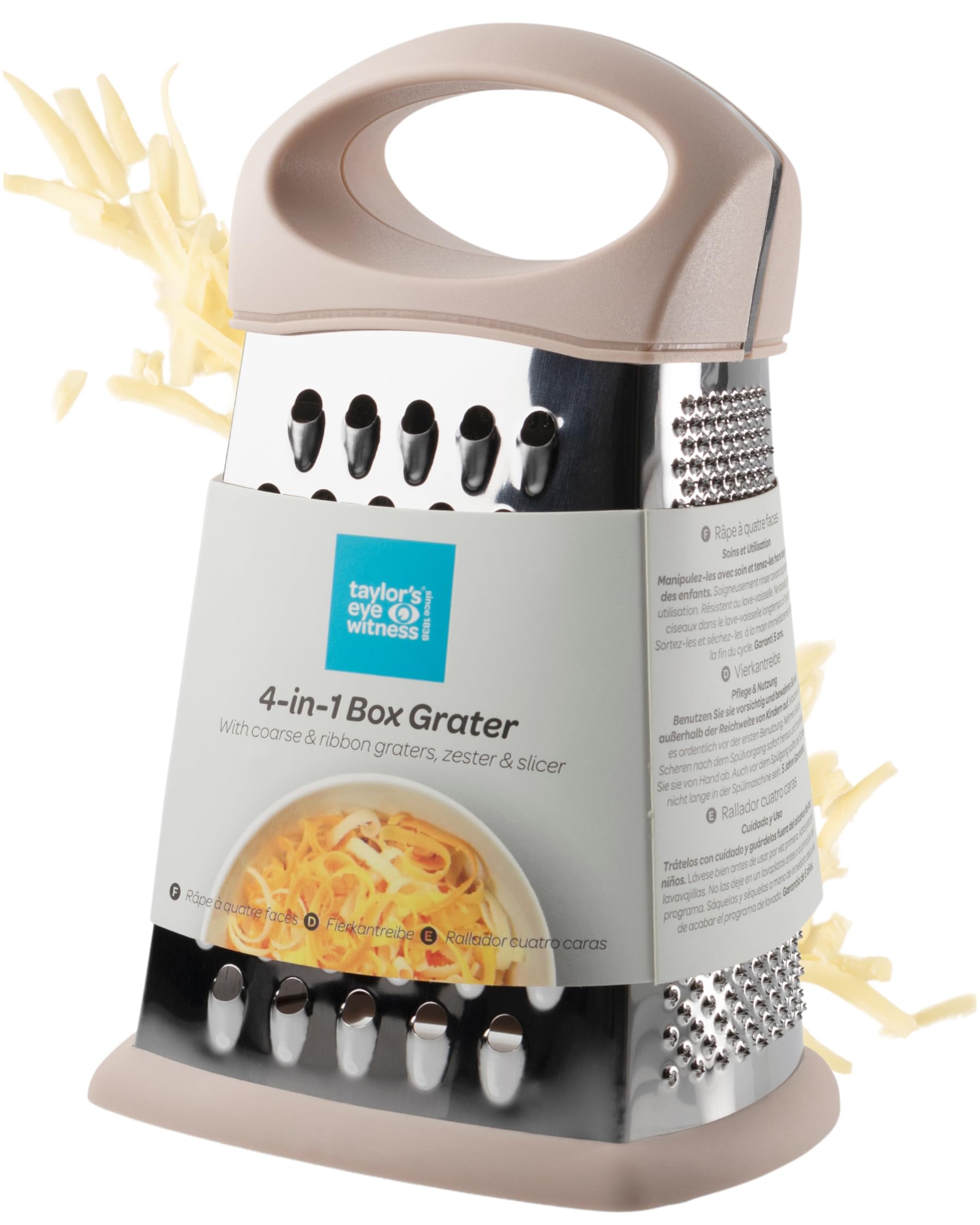 Taylor's Eye Witness Professional 4-Sided Box Grater – 20cm Stainless Steel Hand-Held Cheese Grater, Zester & Slicer with Non-Slip Base for Vegetables, Citrus Fruit, Coconut. Malt Chocolate Coloured.
