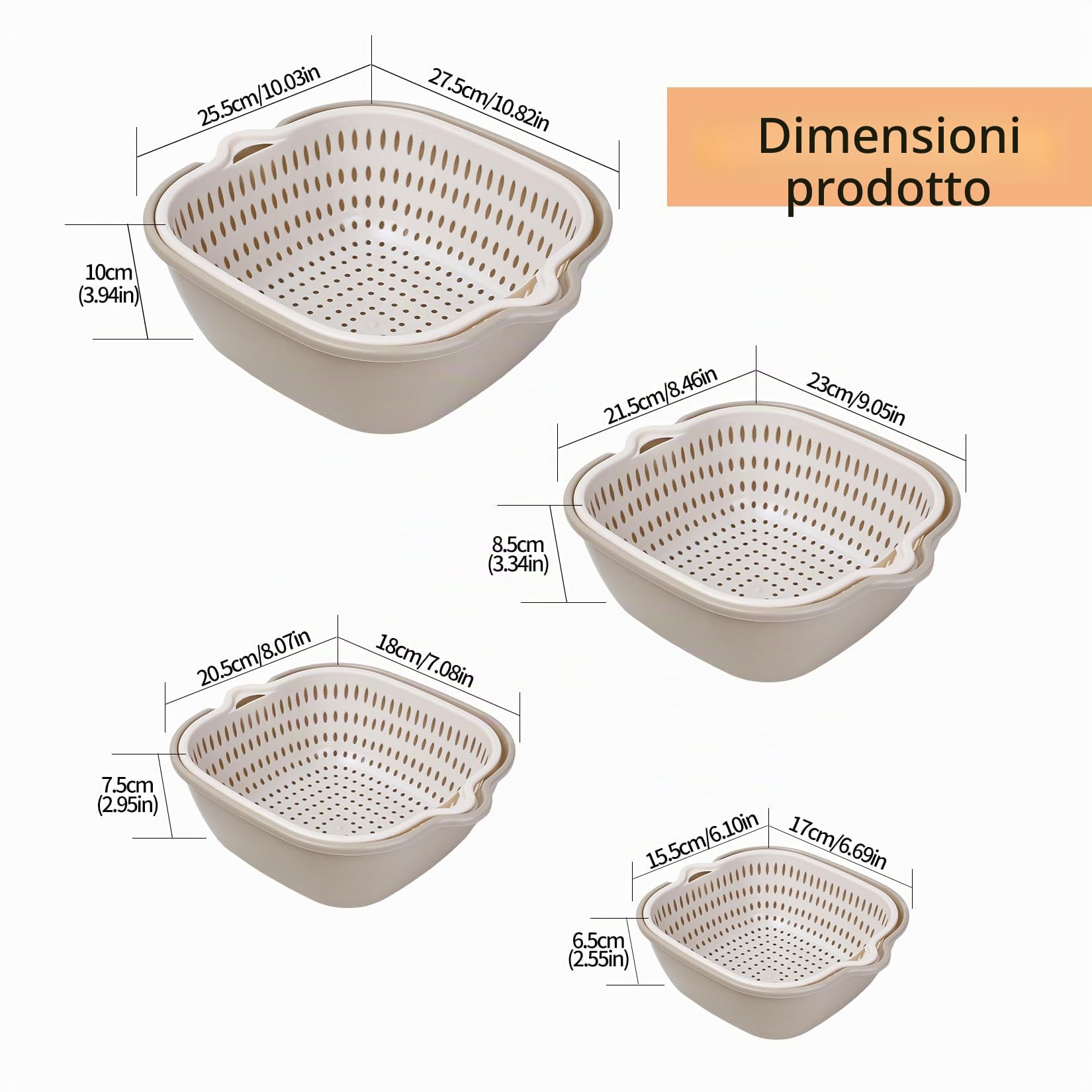 Set da 8 Pezzi, Colino da Cucina Multifunzionale 2-in-1, Cesto di Scarico in Plastica a Doppio Strato, Lavabo per Riso con Colino, Colino per Lavandino per Frutta Verdura e Riso