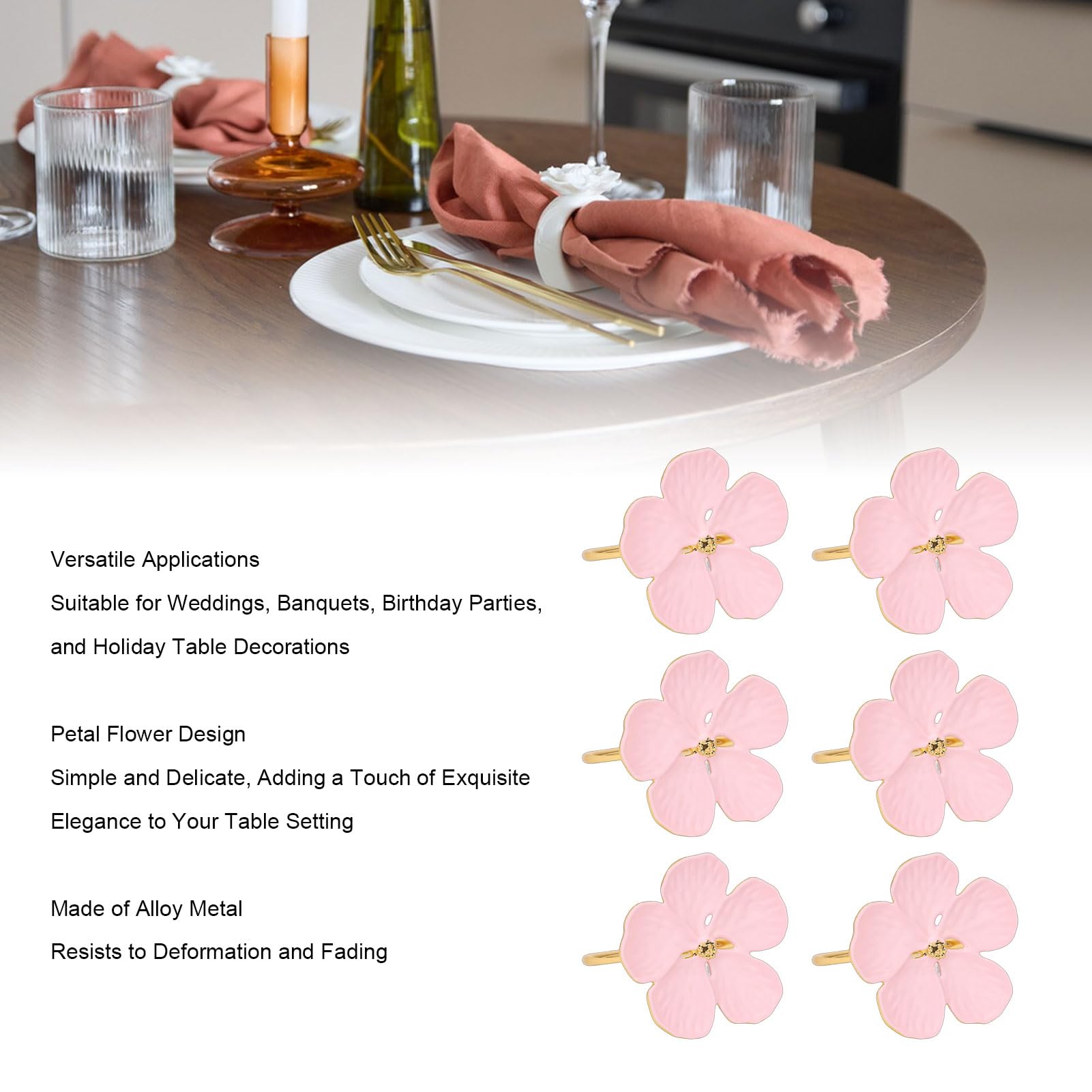 Portatovaglioli Floreali Anelli Portatovaglioli in Lega di Fiori Delicati Decorazioni per la Tavola per Feste 6 Pezzi per Cene di Nozze (Roseo)