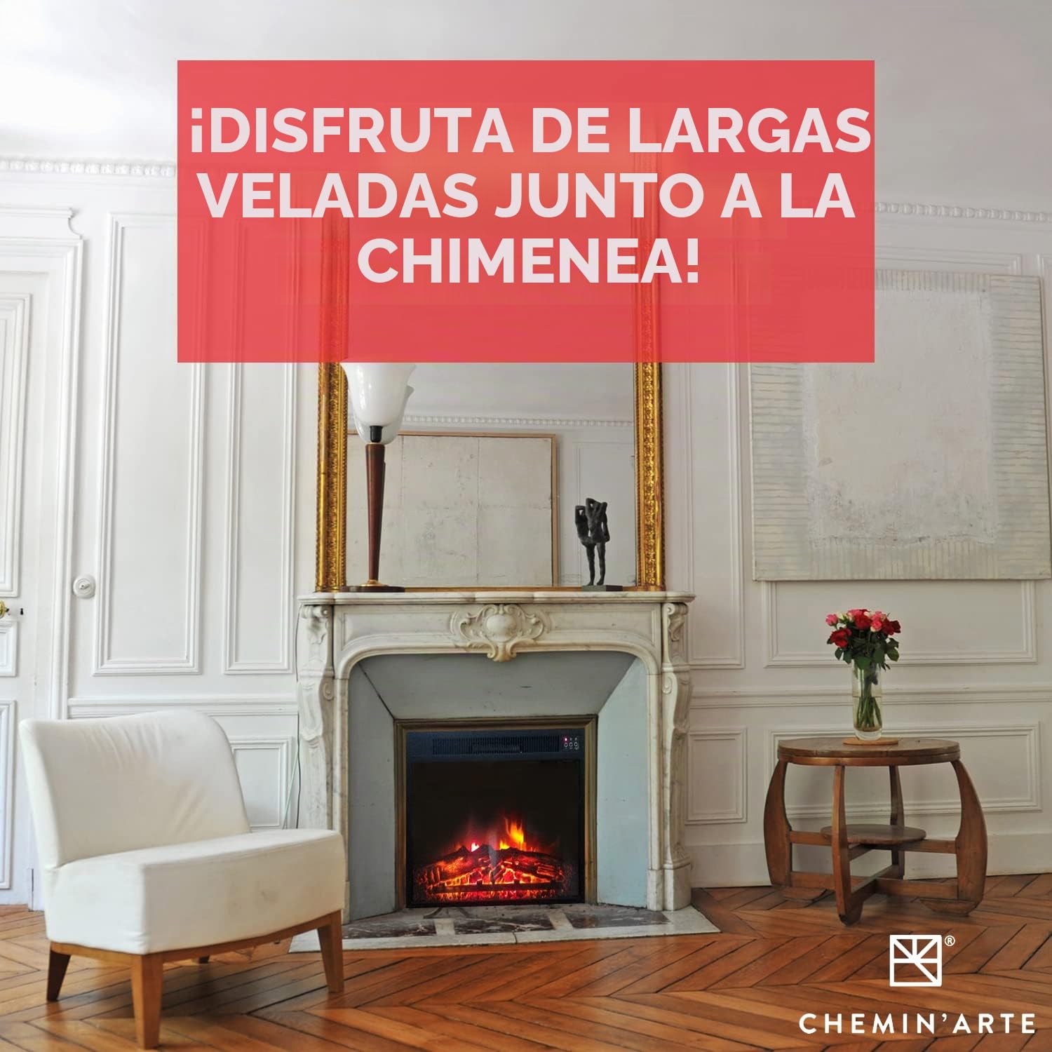 CHEMIN'ARTE Chimenea eléctrica empotrable Oxford con Efecto de Llama Leds - Chimenea eléctrica con calefacción – Inserto de Chimenea - Mando a Distancia - 61x20x45cm