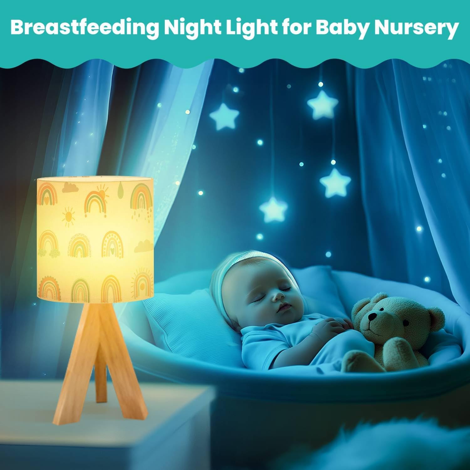 Tripod Bedside Desk Table Lamp Hand Drawn Boho Rainbows Cute Set Pastel Earthy Colors Isolated Wood Nightstand Lamp with Linen Fabric Shade for Nursery Bedroom Living Room Kids Room