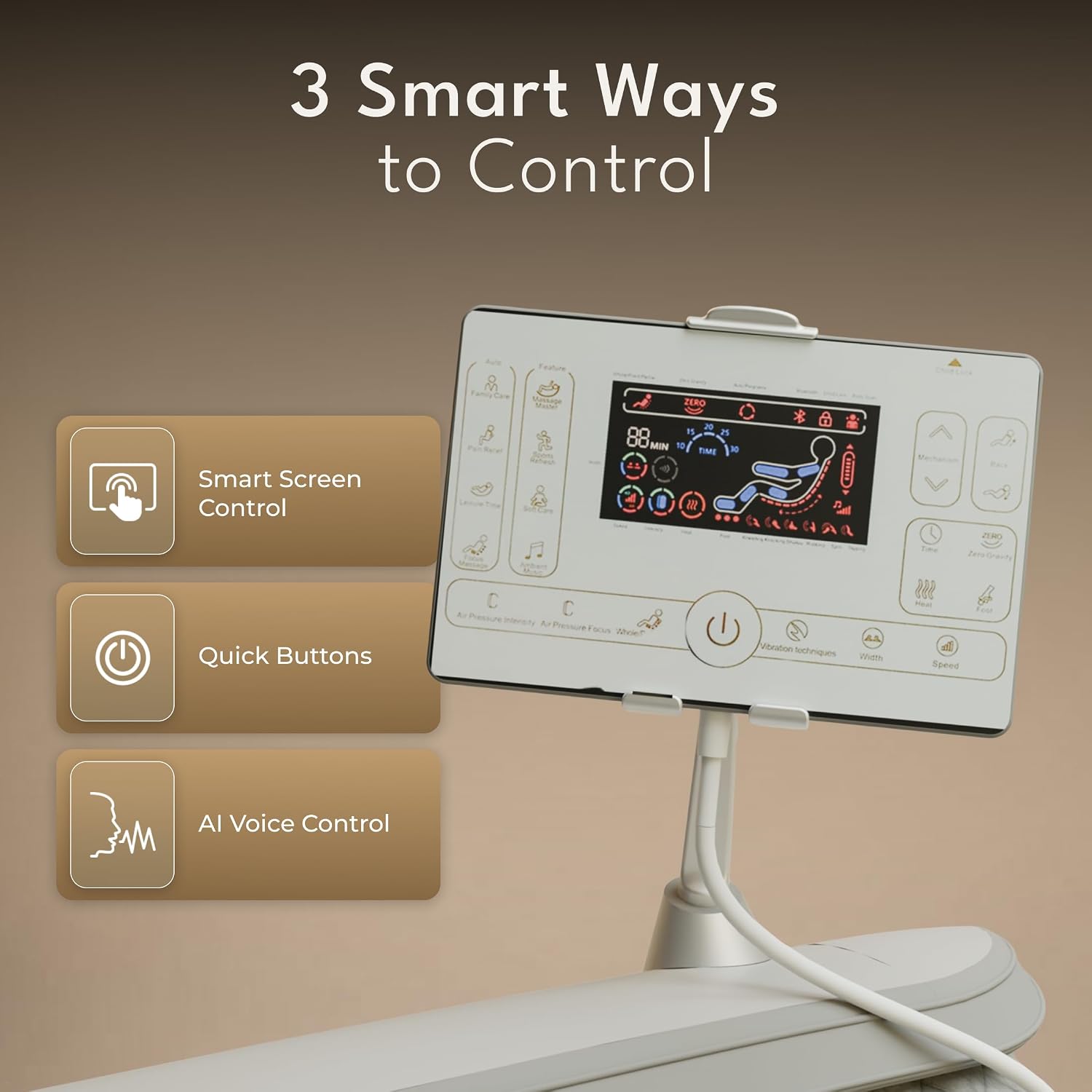 Close-up of the massage chair's control panel showing smart screen, quick buttons, and AI voice control options