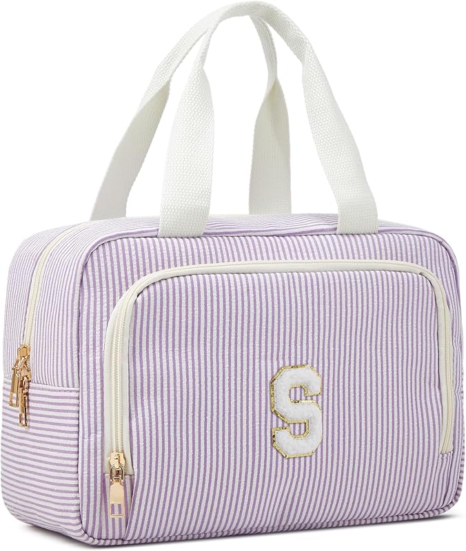 Necessaire organizadora ZOEMTIU com zíper, tecido seersucker listrado e alça, Purple S, 1 unidade