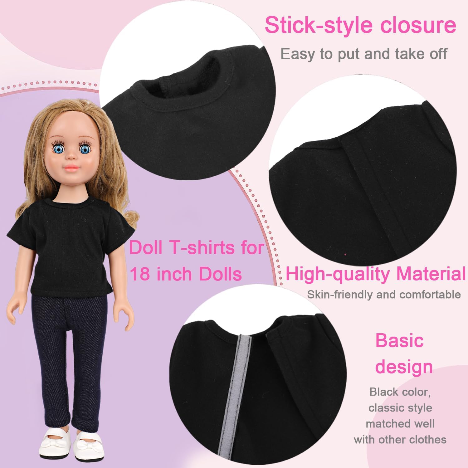 MSYO 8PCS 16-18Inch Doll Blank Black T-Shirts,Thickened Plain Short Sleeve Tops,Fits 16-18Inch Girl Dolls&Stuffed Bears,Customizable Doll Clothes for Kids Craft&Pretend Play