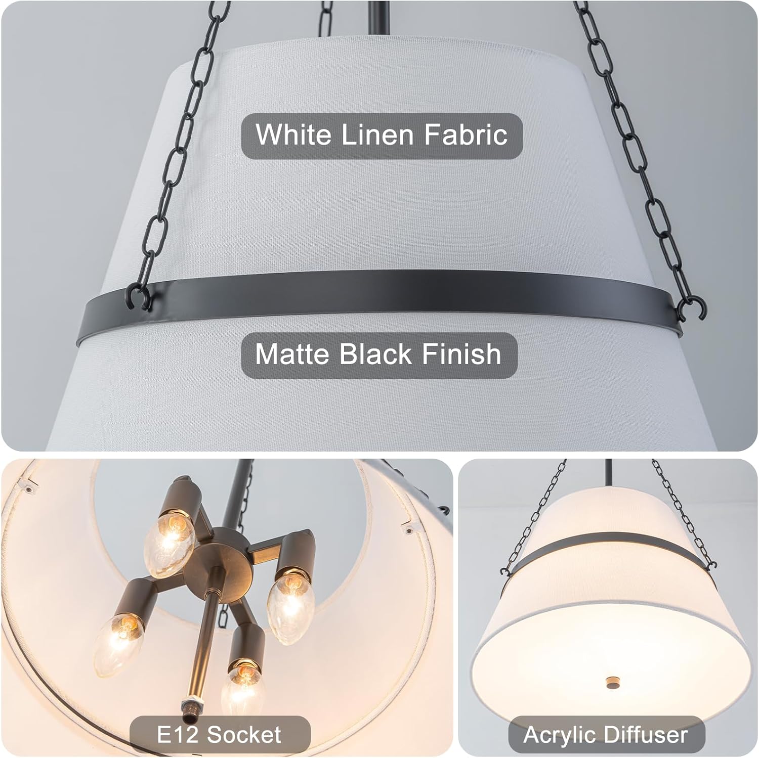 Modern Pendant Light Fixtures Black and White Linen Drum Chandeliers for Dining Room 15.35" 4-Light Farmhouse Cone Hanging Pendant Light for Kitchen Island 15.35" W x 28.35" H