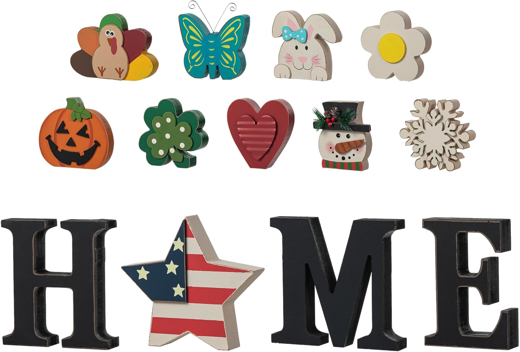 Glitzhome Interchangeable Home Table Signs with 13 Pcs Seasonal Icons, Wooden Changeable Home Sign for Holiday Decor, HOME Letter Sign Ornaments Set Interchangeable Holiday Decorative Shelf Blocks