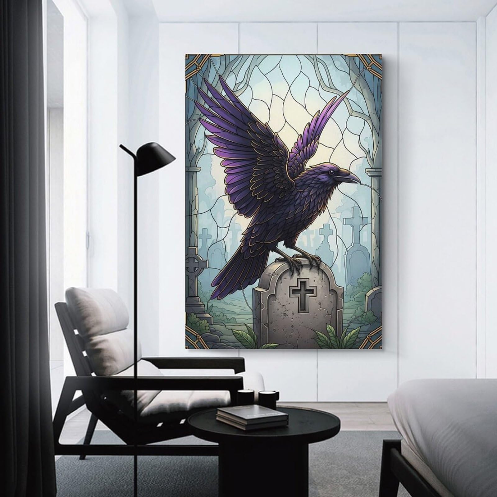 Junmoney Raven on Tombstone Stained Glass Art Hanging Wall Art 24x36inch(60x90cm), for Small Homes, Bedrooms Or Open Spaces, An Easy Choice for New Home Styling