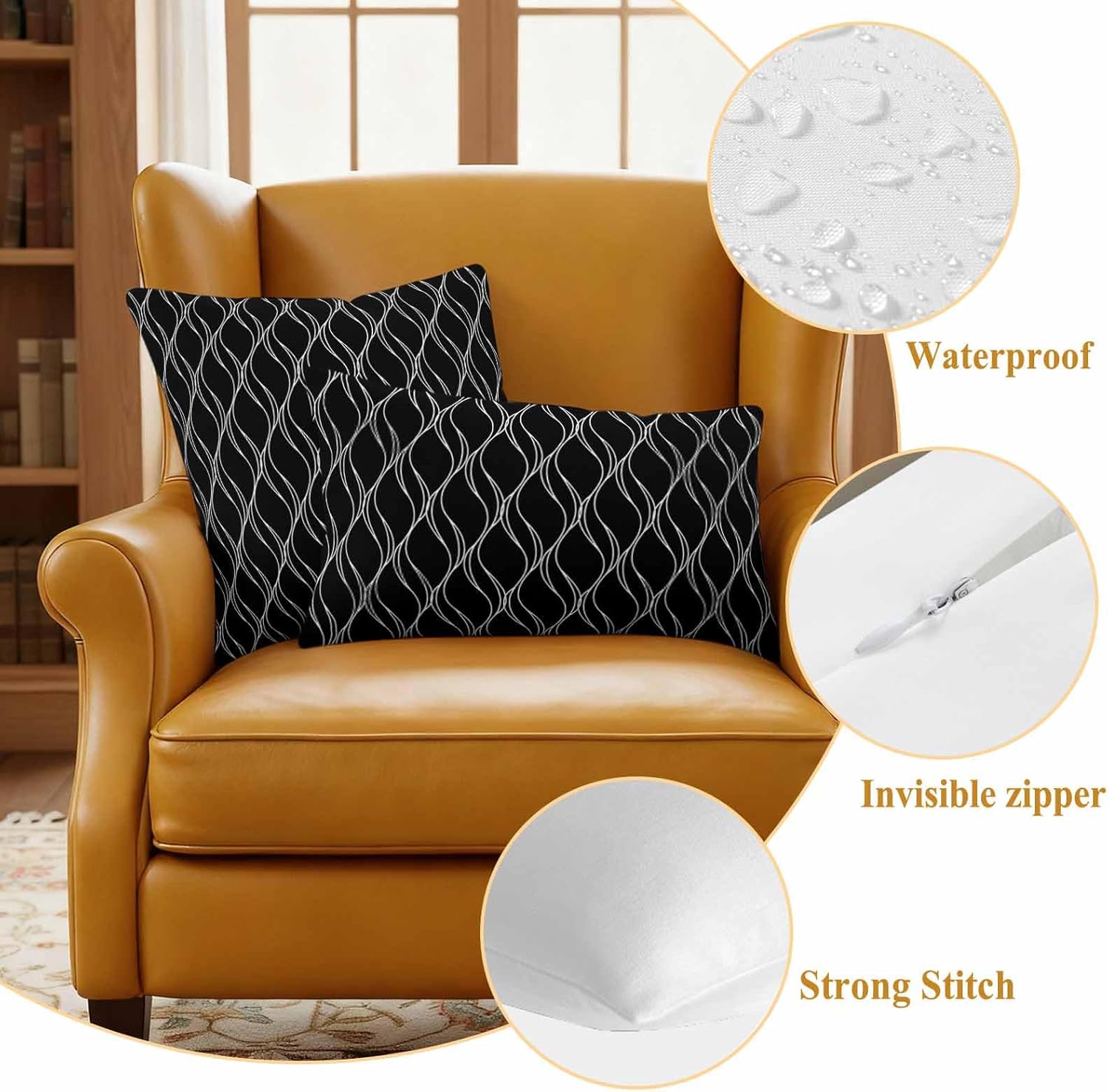 Outdoor Pillow Covers Waterproof, Black Gold Wave Abstract Art Foil Print Pattern All Weather Cushion Case Set of 2, White Thin Line Decorative Pillowcases for Sofa Bed Decor Patio Furniture 26"x26"