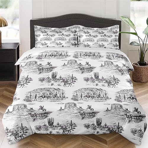 WeCozy Juego de funda de edredón tamaño King con 2 fundas de almohada, juego de ropa de cama de vaquero del desierto americano con cierre de