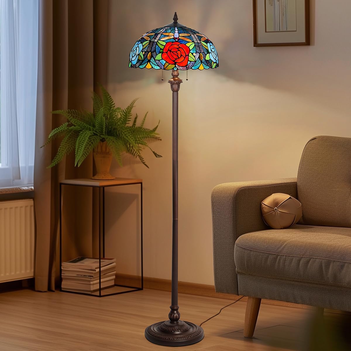 Tiffany Floor Lamp with Handcrafted Stained Glass Shade,Antique Style Standing Pole Light for Living Room,Bedroom,Office,Decorative Lighting W16 xH62