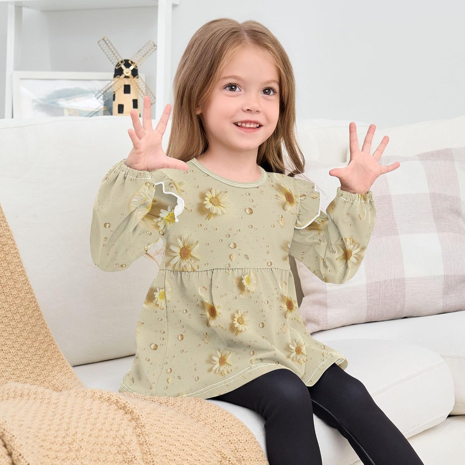visesunny Toddler Clothes for Girls Morning Dew Daisy Long Sleeve Fall Shirts Cotton Top with Ruffle Collar
